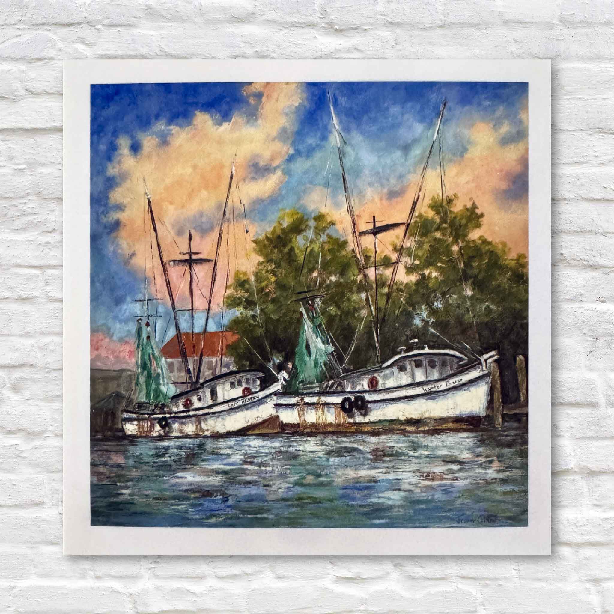 End of Day giclée print by Jeanne O’Neal, 4x4 acrylic block featuring shrimp boats docked under a pastel sunset, coastal South Carolina art, exclusive to Gray Man Gallery