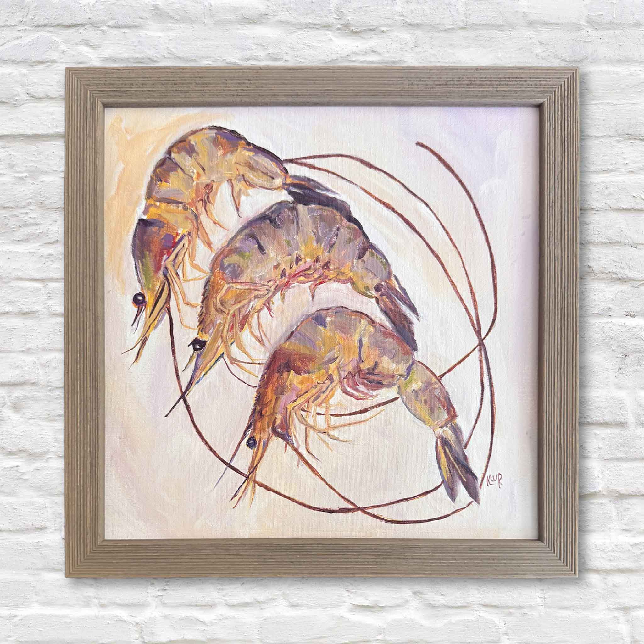 Lowcountry Catch oil painting by Kathy Patrick featuring three shrimp, framed 12x12 coastal artwork inspired by South Carolina Lowcountry