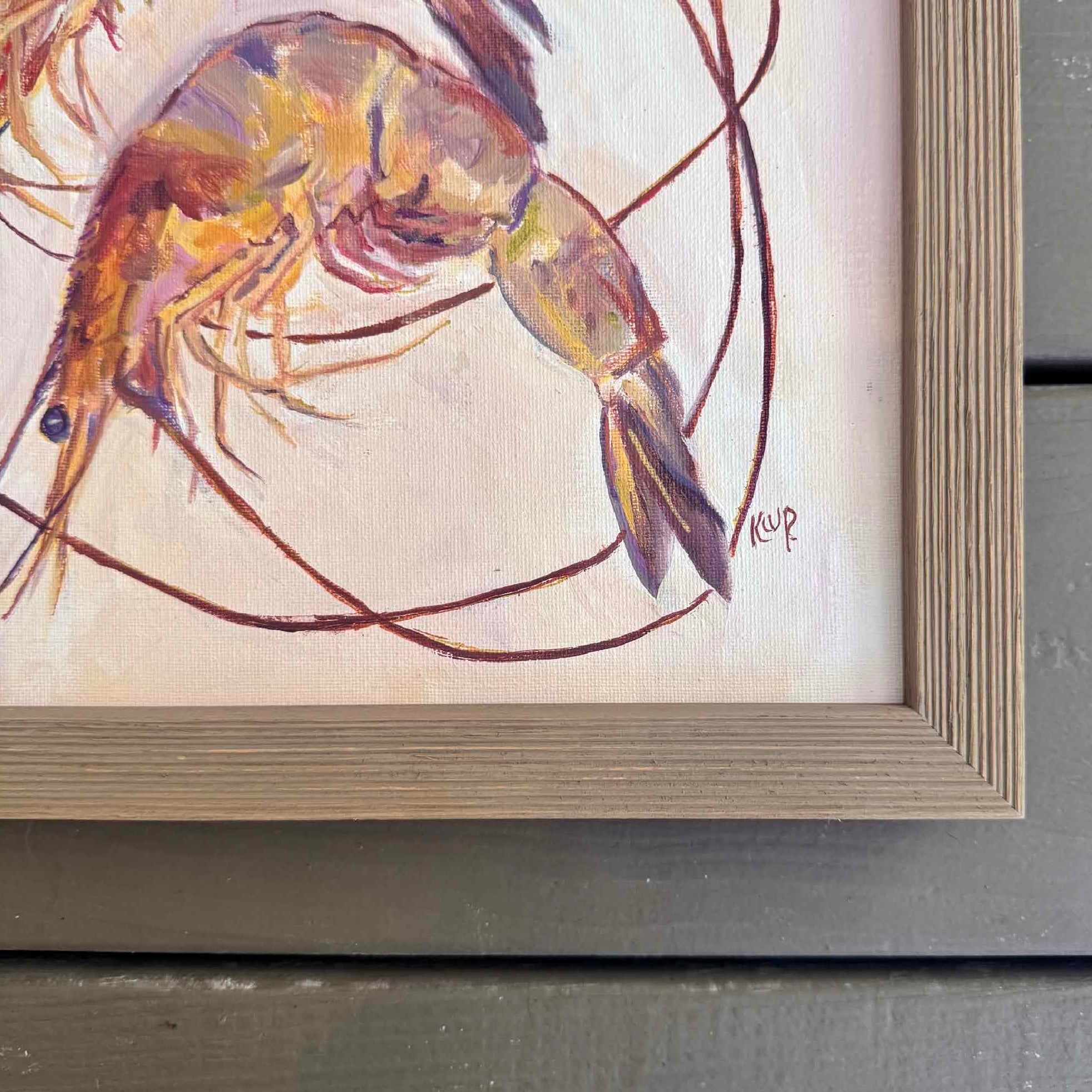 Lowcountry Catch oil painting by Kathy Patrick featuring three shrimp, framed 12x12 coastal artwork inspired by South Carolina Lowcountry