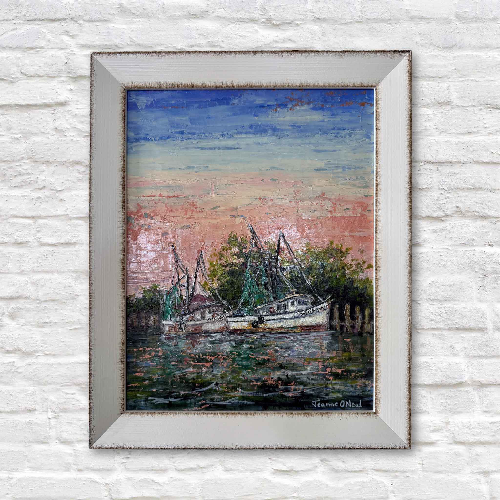 Morning Harbor original oil painting by Jeanne O’Neal featuring Georgetown SC shrimp boats at sunrise over calm water, framed coastal artwork, By the Dock collection, Gray Man Gallery Pawleys Island