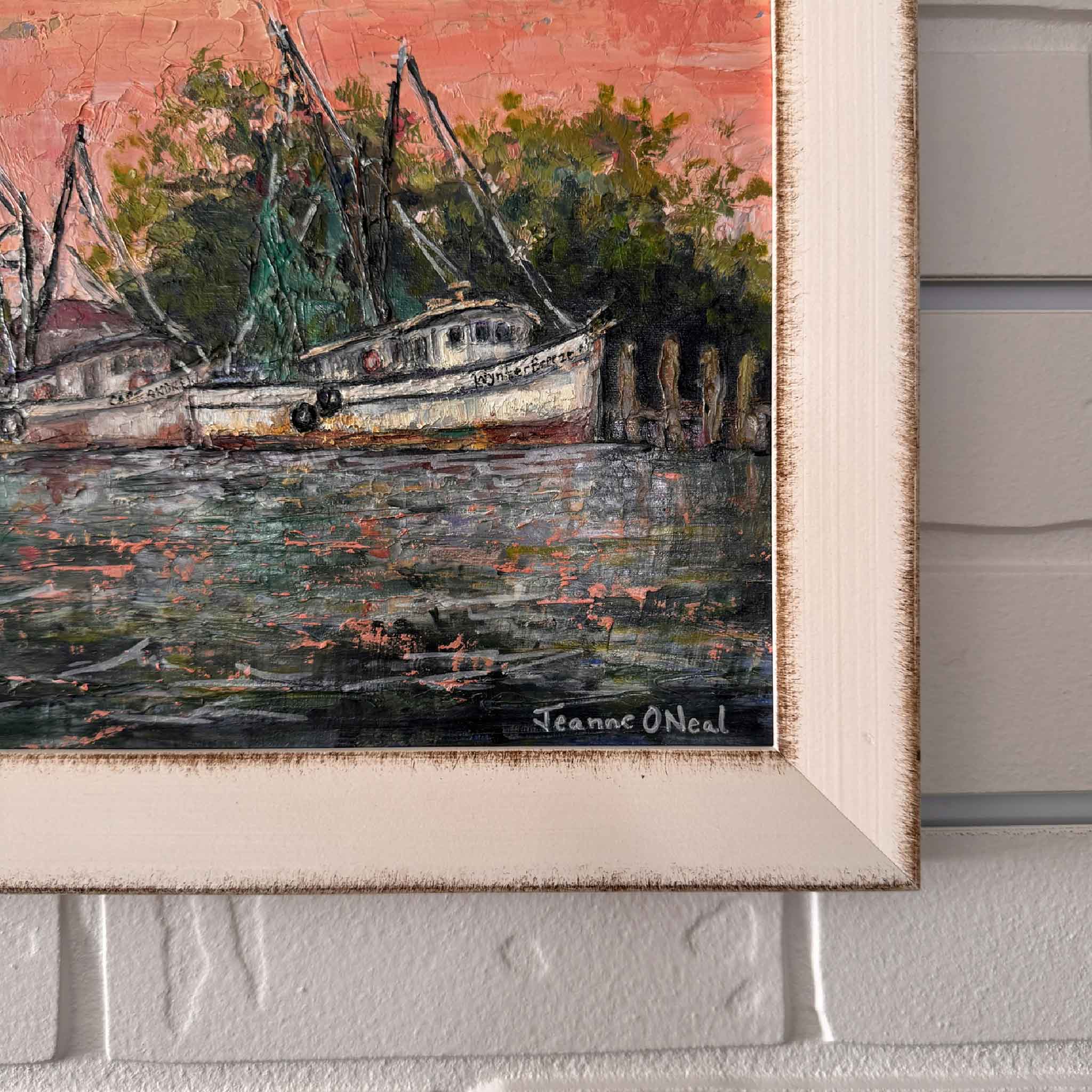 Morning Harbor original oil painting by Jeanne O’Neal featuring Georgetown SC shrimp boats at sunrise over calm water, framed coastal artwork, By the Dock collection, Gray Man Gallery Pawleys Island