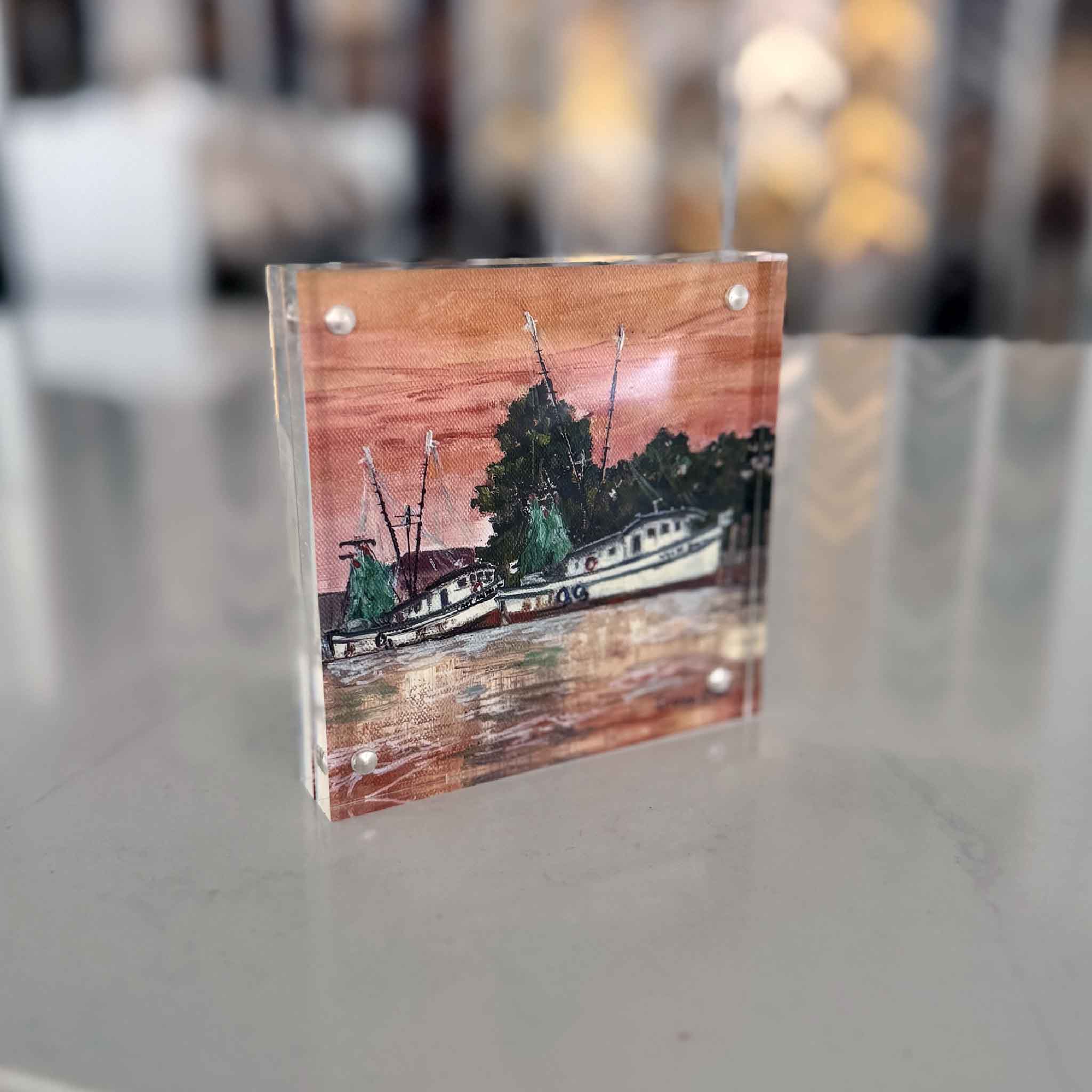 Harbor Glow acrylic block featuring Jeanne O’Neal’s shrimp boats at sunset on the Georgetown SC harbor, coastal art from the By the Dock collection at Gray Man Gallery Pawleys Island