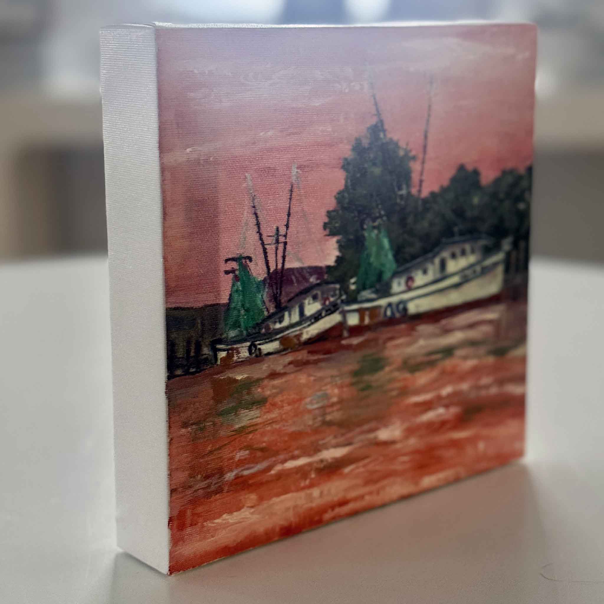 Harbor Reflections gallery-wrapped canvas print by Jeanne O’Neal featuring shrimp boats on the Georgetown SC docks at sunrise, coastal Lowcountry art from the By the Dock collection.