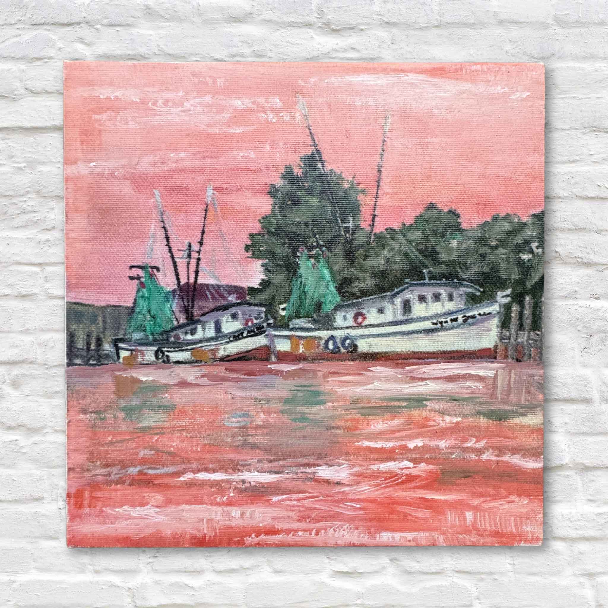 Harbor Reflections giclée print by Jeanne O’Neal depicting shrimp boats at sunset on the Georgetown SC harbor, coastal art from the By the Dock collection at Gray Man Gallery