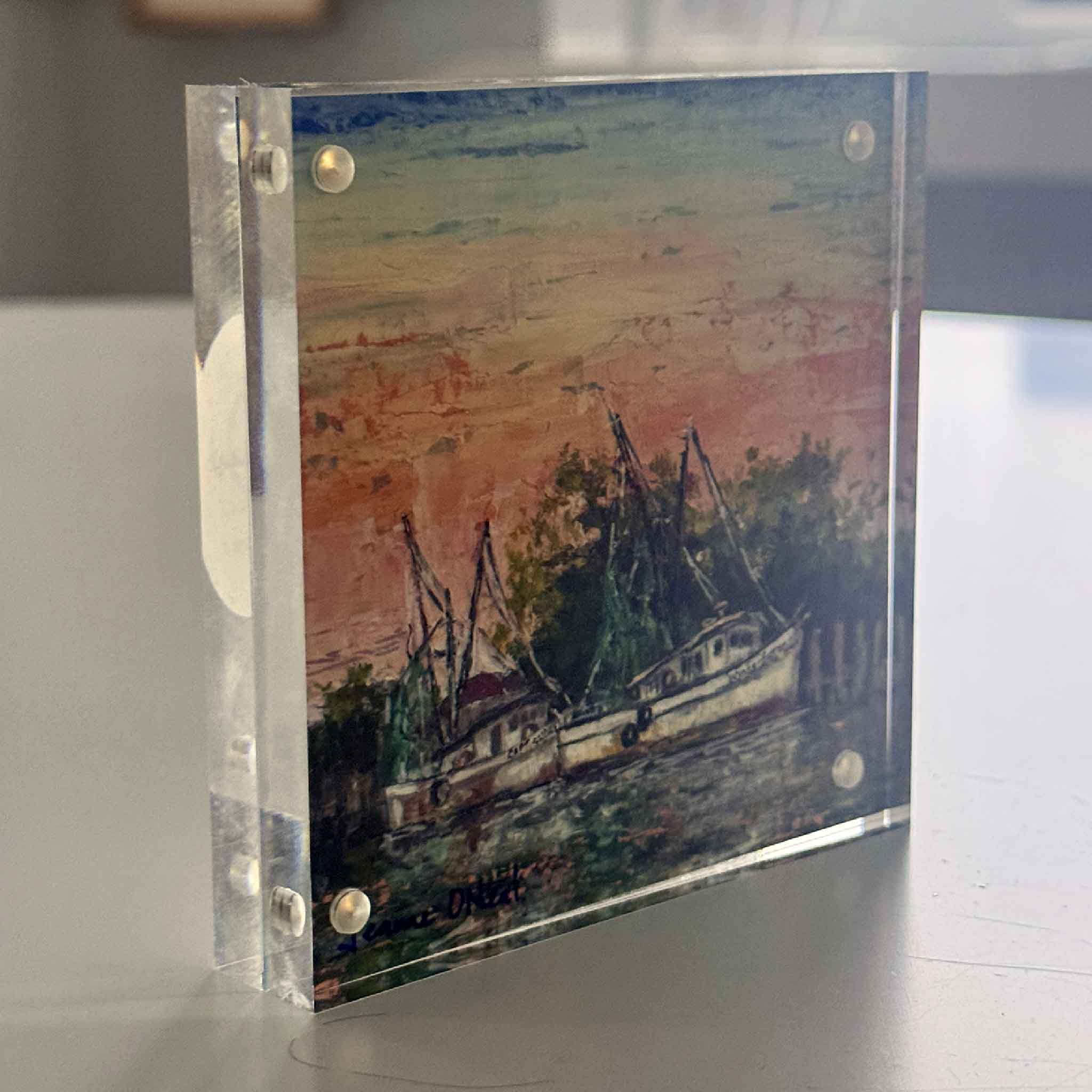 Morning Harbor acrylic block by Jeanne O’Neal featuring shrimp boats at sunrise on the Georgetown SC harbor, coastal art from the By the Dock collection at Gray Man Gallery.