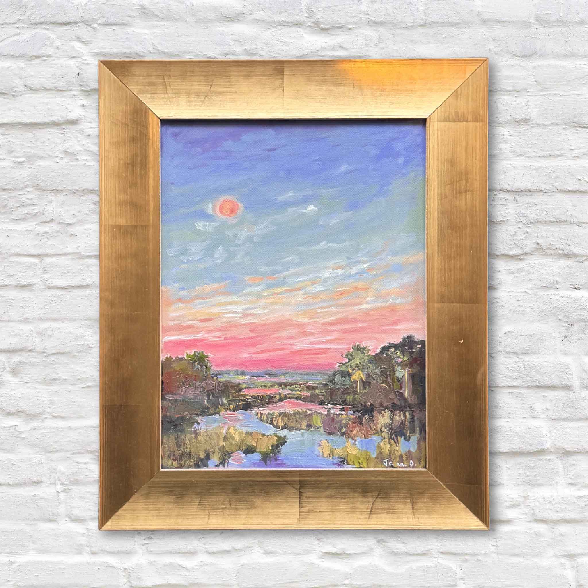 Watermelon Moonshine II original 11x14 oil painting by Jeanne O’Neal featuring a South Carolina Lowcountry marsh at sunset with pink and blue sky, framed in gold.