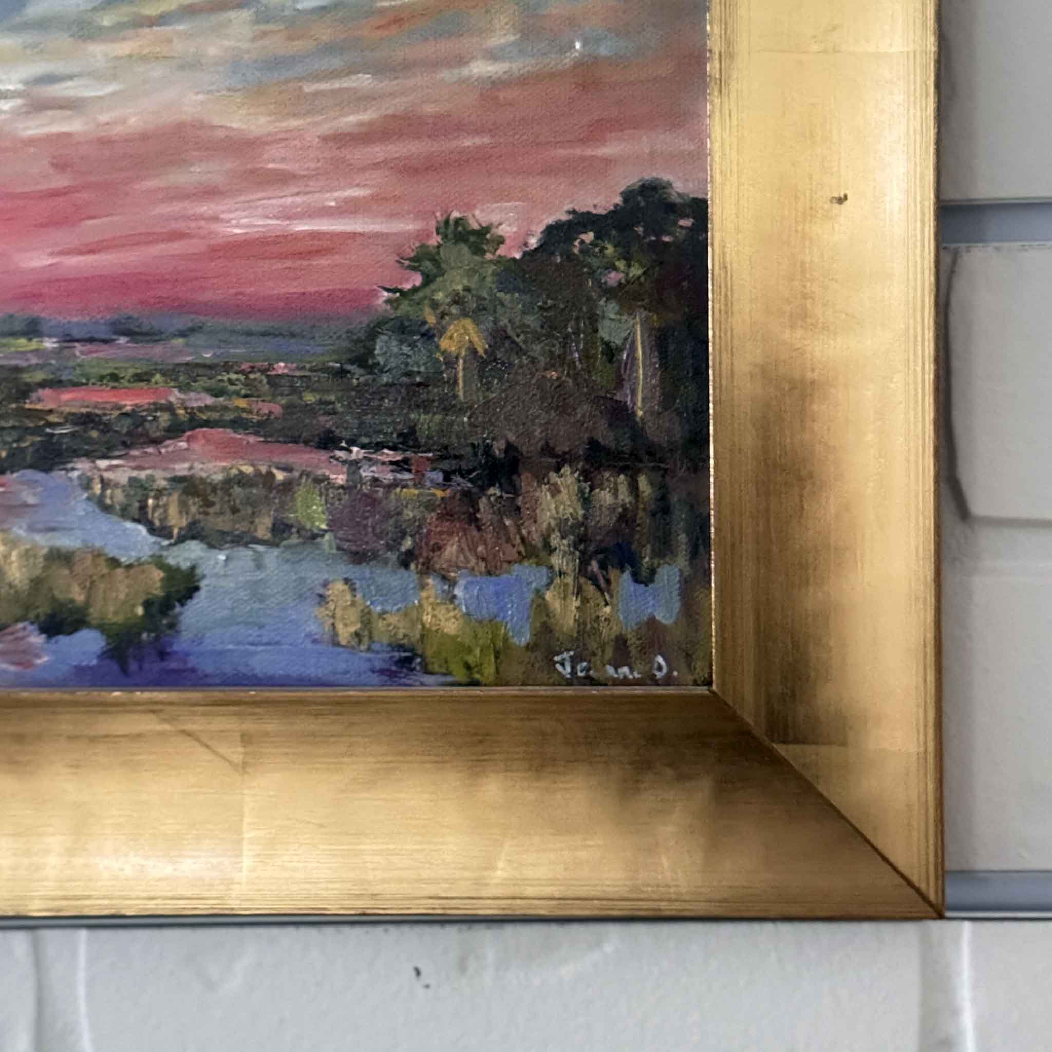 Watermelon Moonshine original 11x14 oil painting by Jeanne O’Neal featuring a South Carolina Lowcountry marsh at sunset with pink and blue sky, framed in gold.