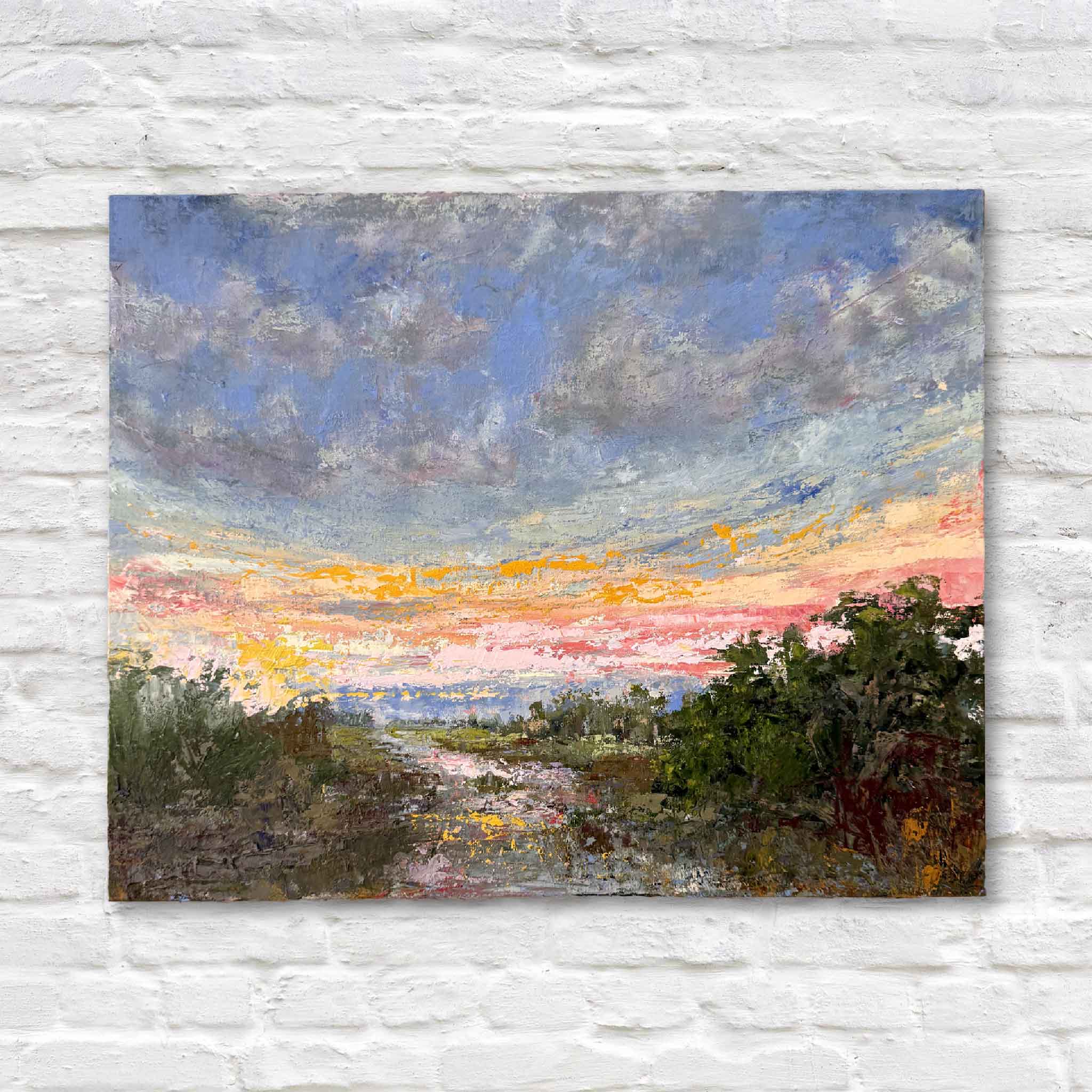 Marshlight original 16x20 oil painting by Jeanne O’Neal depicting a South Carolina Lowcountry marsh at sunset with coral and blue tones, unframed coastal artwork