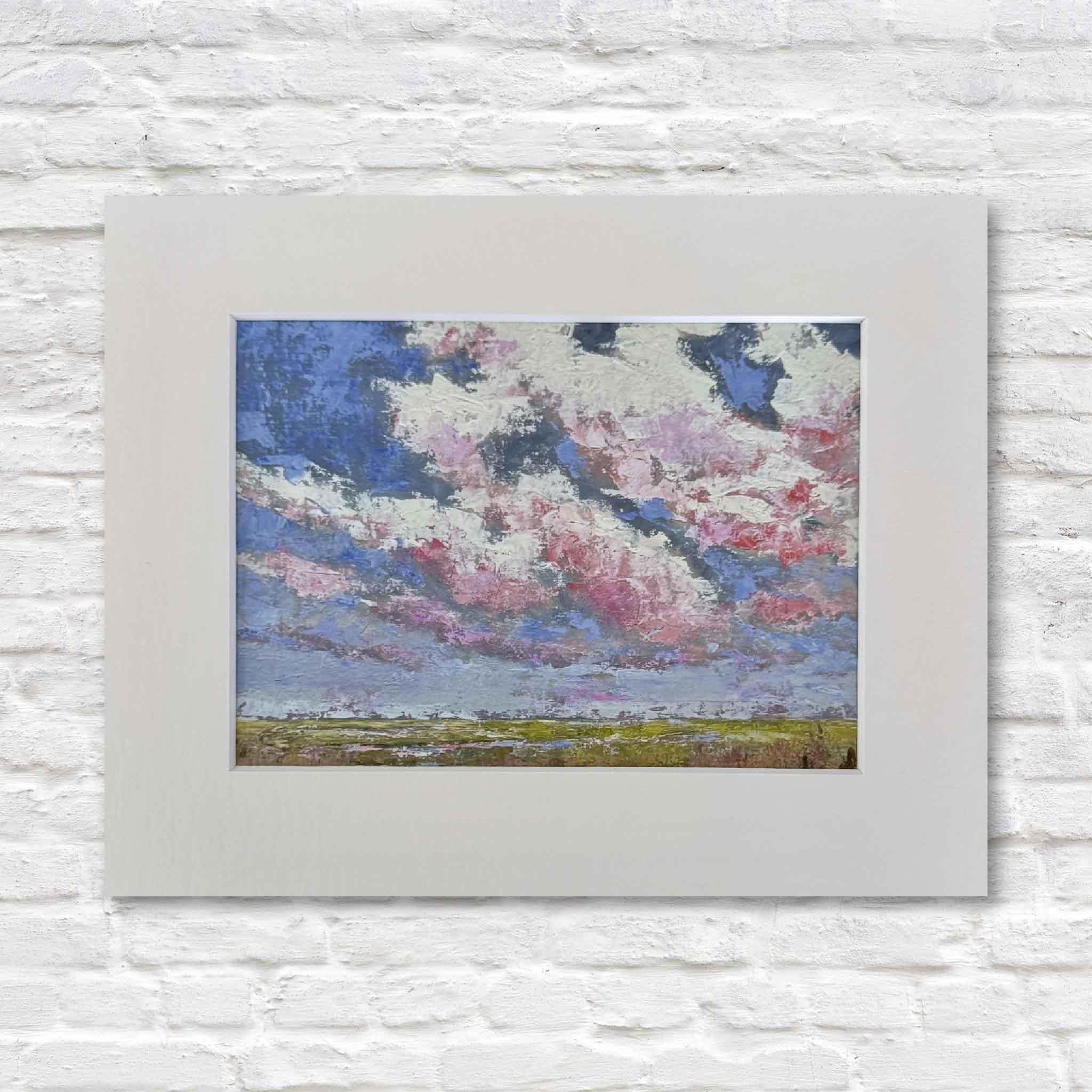 Beneath the Blushing Sky giclée print by Jeanne O’Neal featuring pink and blue clouds over a Lowcountry marsh, printed on archival matte paper and matted to 8x10