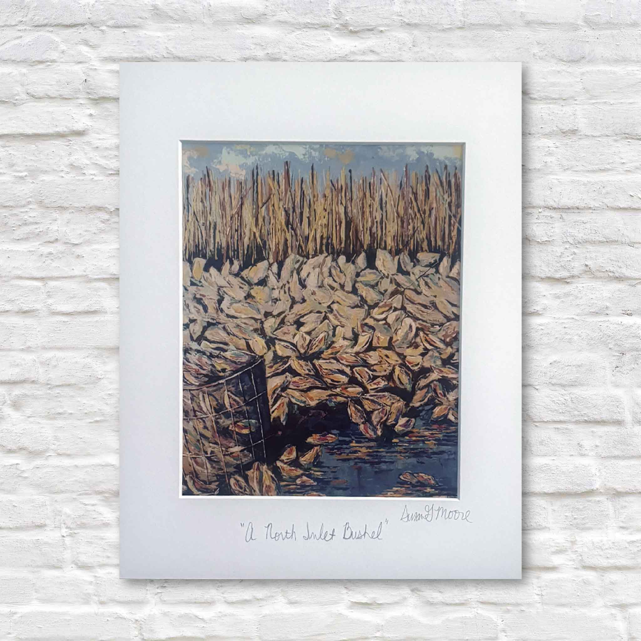 11x14 matted fine art giclée print A North Inlet Bushel by Susan Moore featuring a pile of oysters beside a wire basket and marsh reeds, inspired by coastal South Carolina.