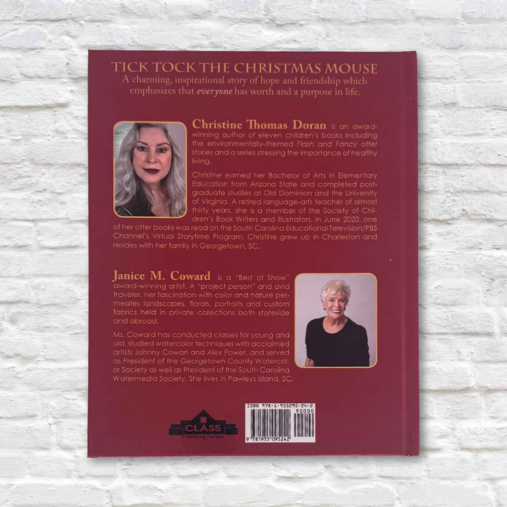 Back cover of Tick Tock the Christmas Mouse by Christine Thomas Doran, illustrated by Janice M. Coward, featuring a watercolor of the Kaminski House Museum with a cheerful mouse on the front steps.