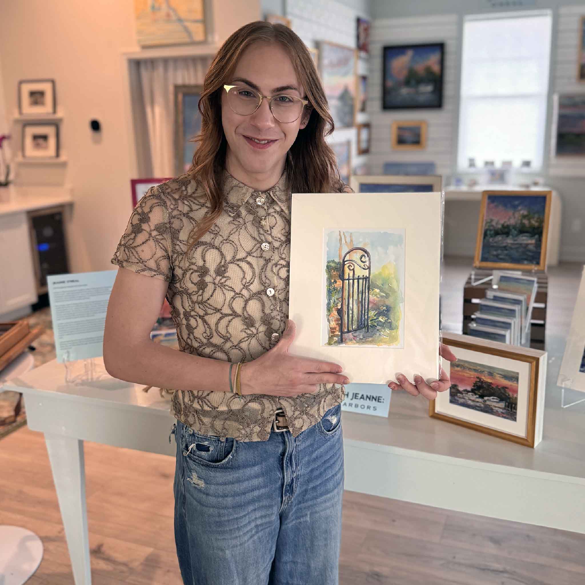 Signed watercolor print of Brookgreen Gardens gate by artist Christy Janes, matted to 11x14 and ready for standard framing. Pictured at Gray Man Gallery.