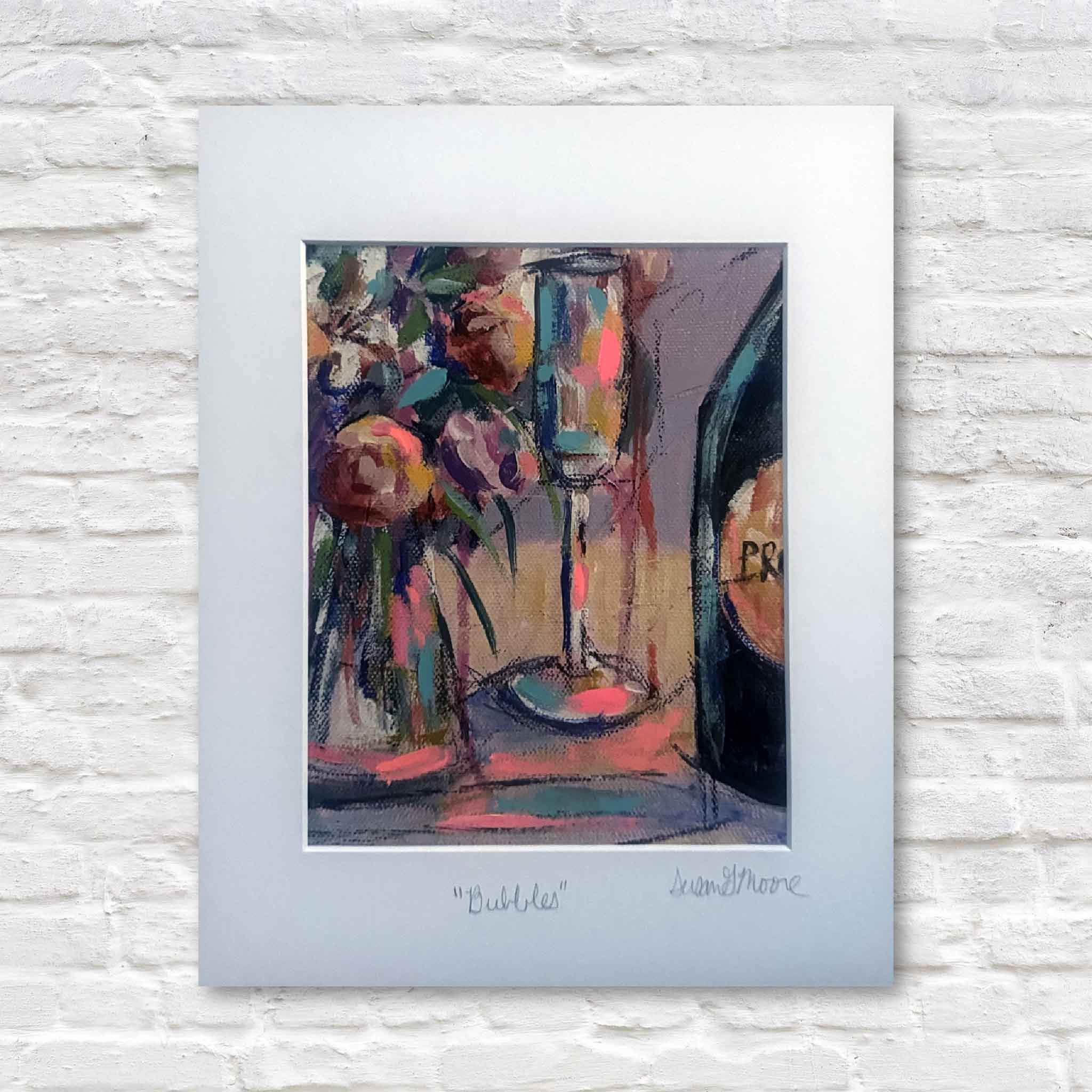 11x14 matted fine art giclée print Bubbles by Susan Moore featuring a champagne glass, floral bouquet, and bottle painted in expressive, colorful brushstrokes.