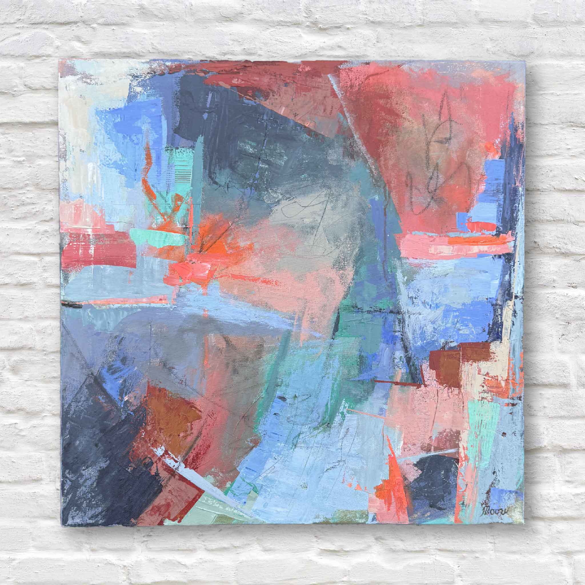 Caribbean Splash abstract acrylic painting by Susan Moore, 24x24 gallery-wrapped canvas with vibrant coral, teal, and blue tones – available at Gray Man Gallery, Pawleys Island SC