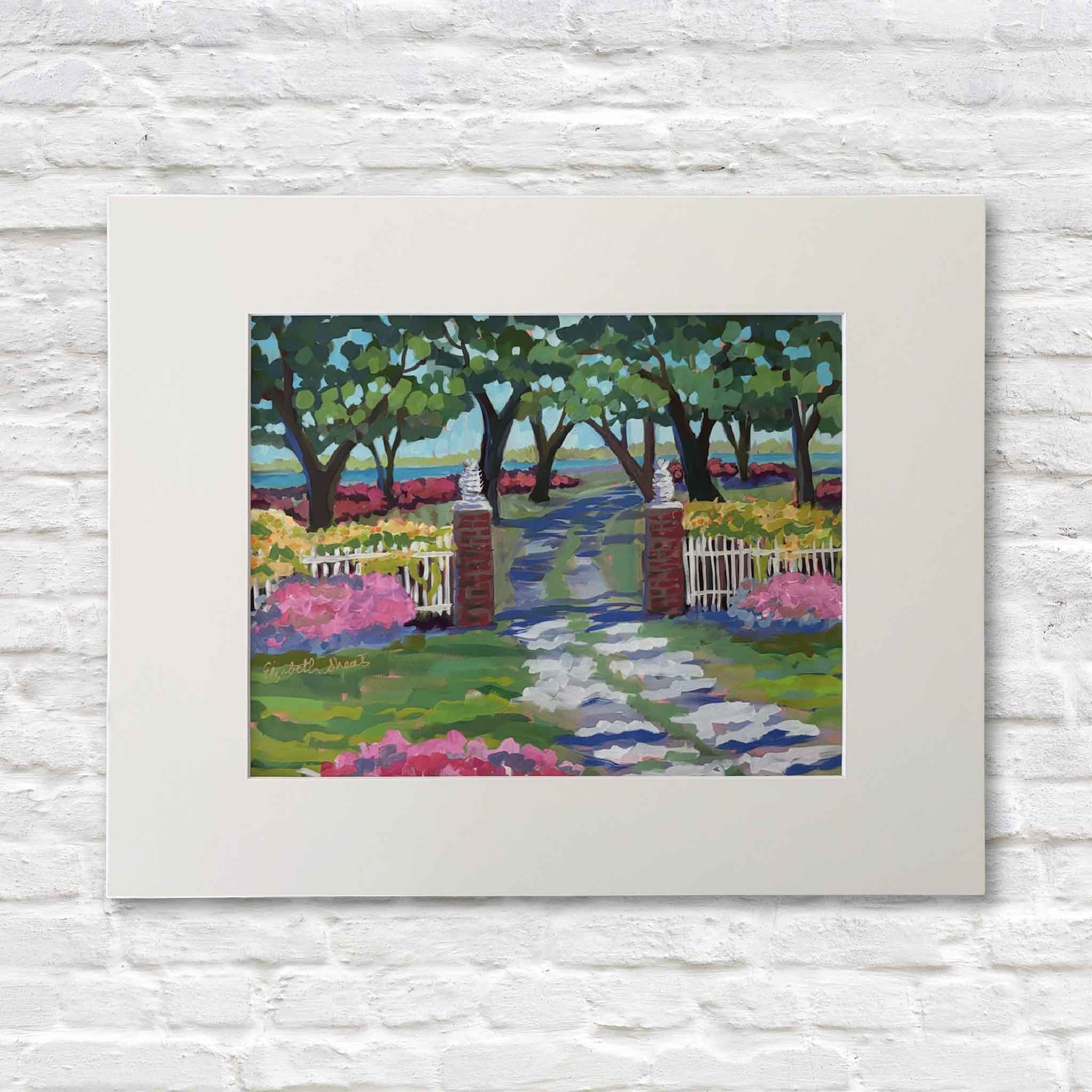Chicora Wood Plantation Gate giclée print by Elizabeth Sheats, Lowcountry landscape with azaleas, oak trees, and brick gateposts in Georgetown SC, 11x14 print matted to 16x20, available at Gray Man Gallery