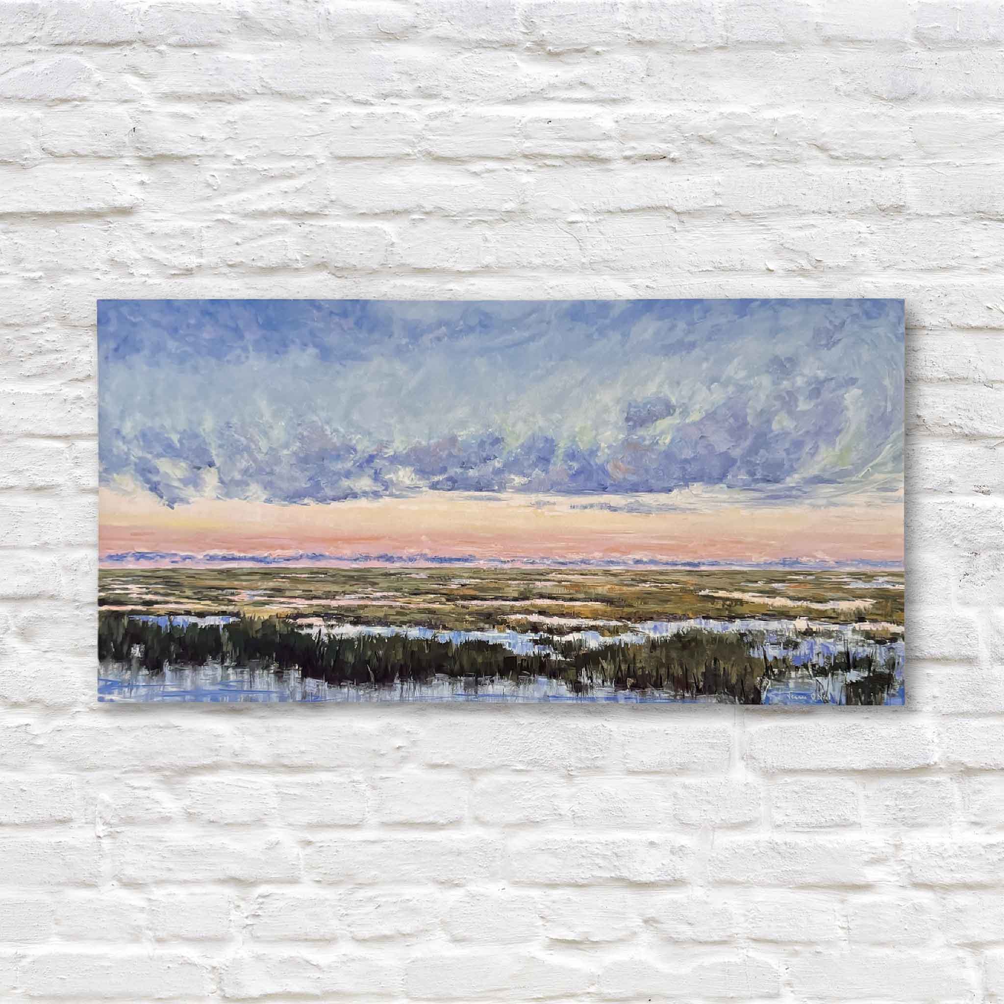 Panoramic 24x12 marsh sunset print by Jeanne O’Neal, featuring serene coastal colors and Lowcountry reflections. A peaceful coastal artwork for any space.