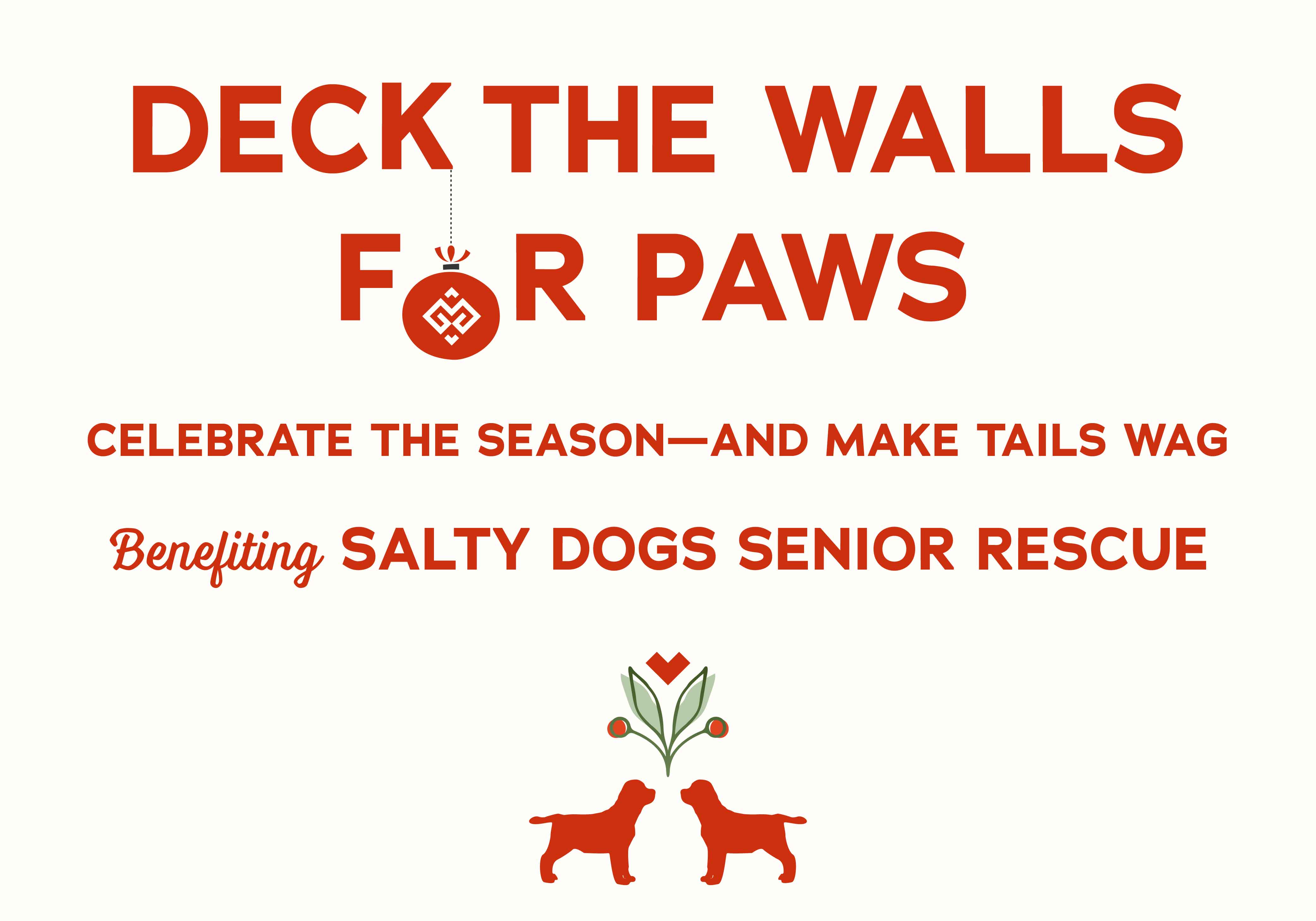 Event promo graphic for Gray Man Gallery’s “Deck the Walls for Paws” fundraiser, featuring bold red lettering and dog silhouettes, benefiting Salty Dogs Senior Rescue.