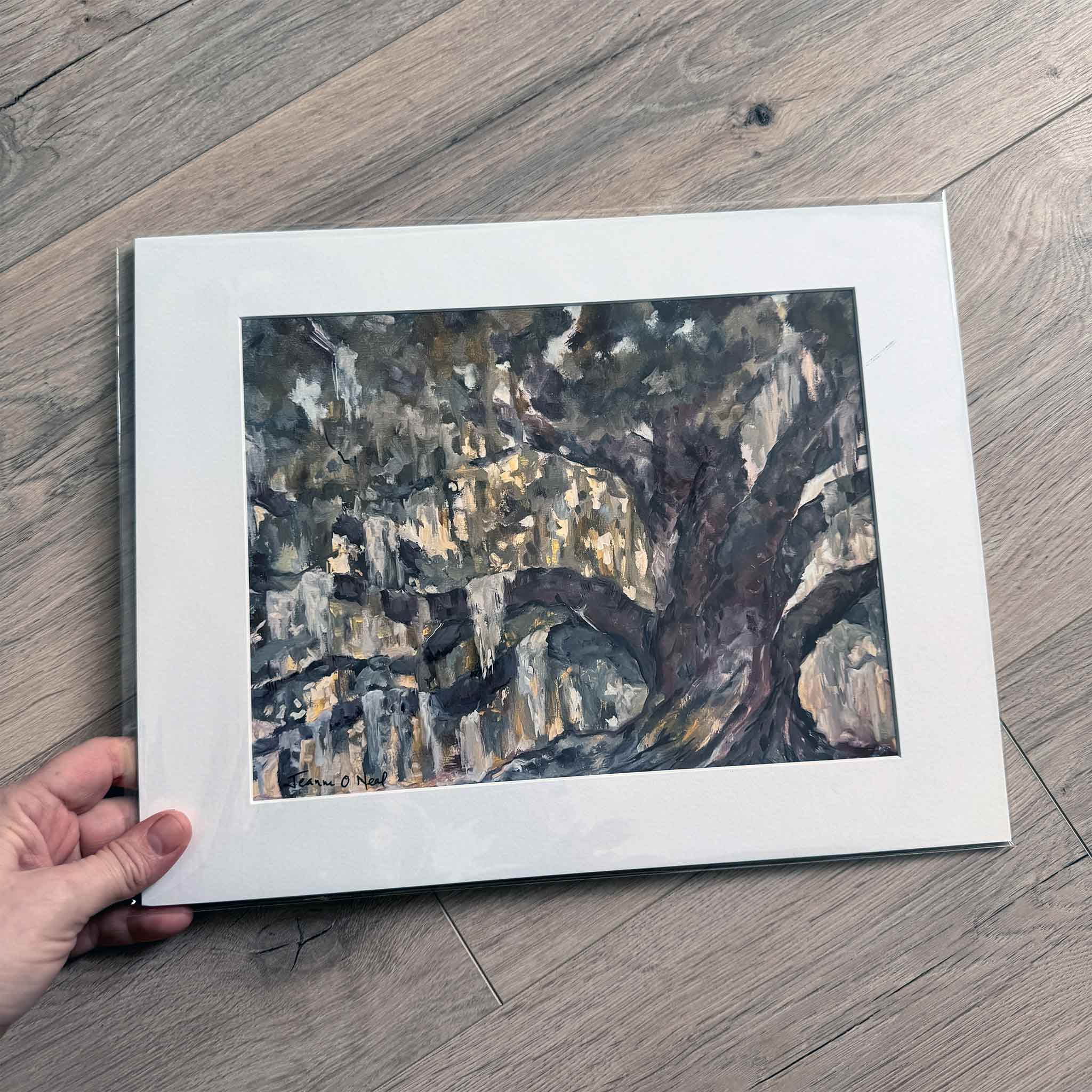 Matted 11x14 art print of Deep Roots by Jeanne O’Neal, featuring a grand Lowcountry live oak tree draped in Spanish moss — exclusive to Gray Man Gallery.