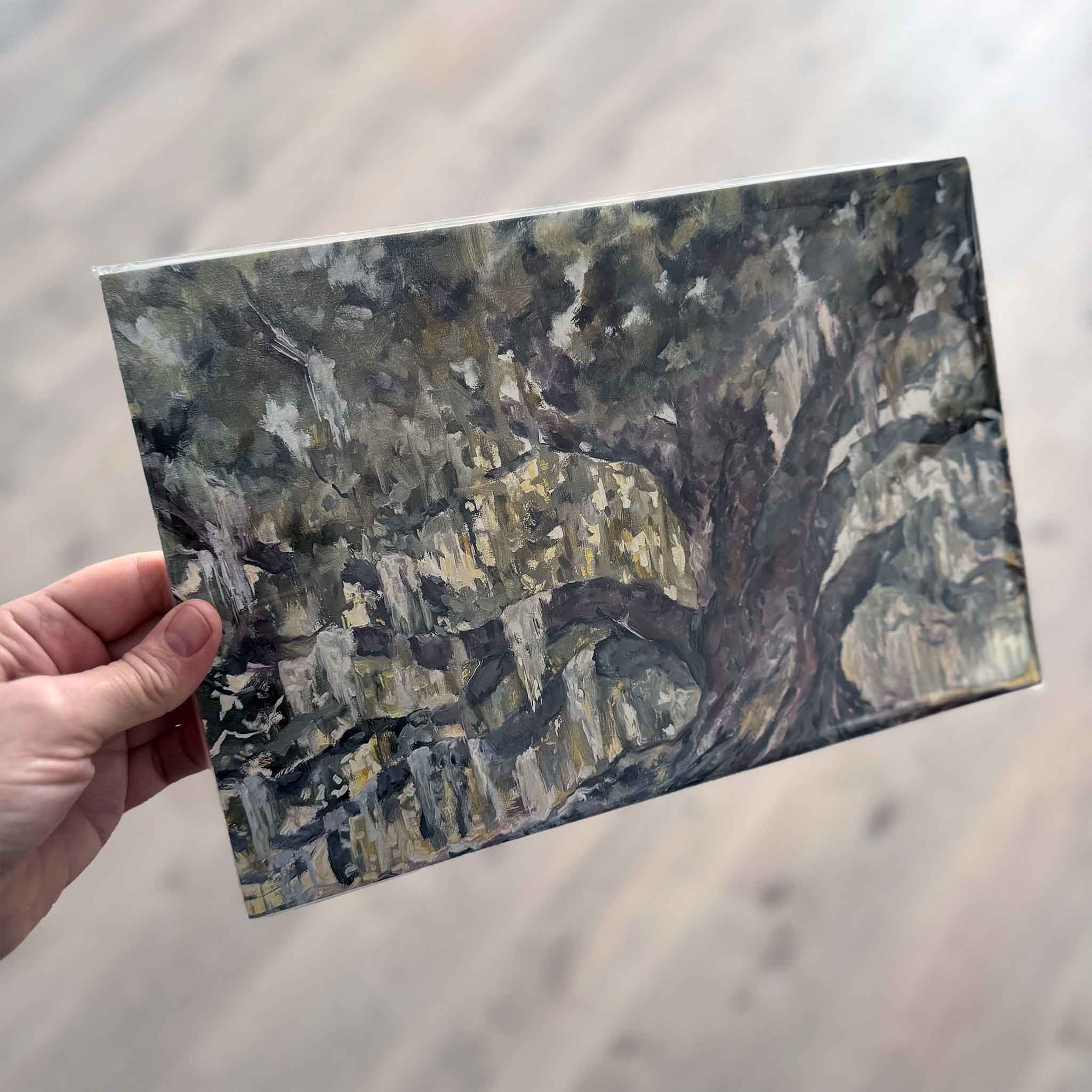 Fine art print of Deep Roots by Jeanne O’Neal, featuring a majestic Lowcountry live oak tree draped in Spanish moss and painted in soft, earthy tones — exclusive to Gray Man Gallery.