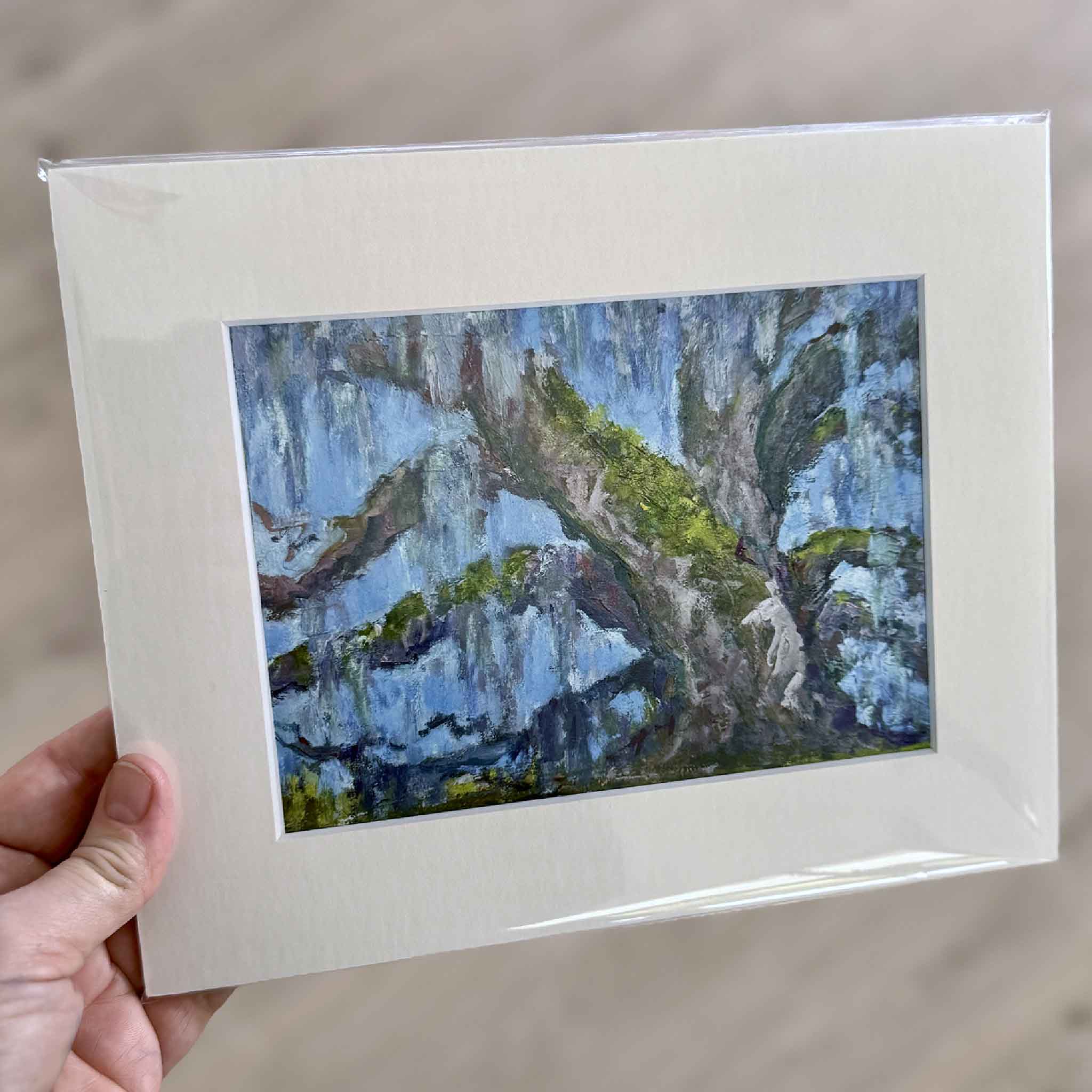 Enduring Grace giclée print by Jeanne O’Neal featuring a Southern live oak tree with Spanish moss and blue sky, Lowcountry landscape from the Among the Trees collection at Gray Man Gallery Pawleys Island SC