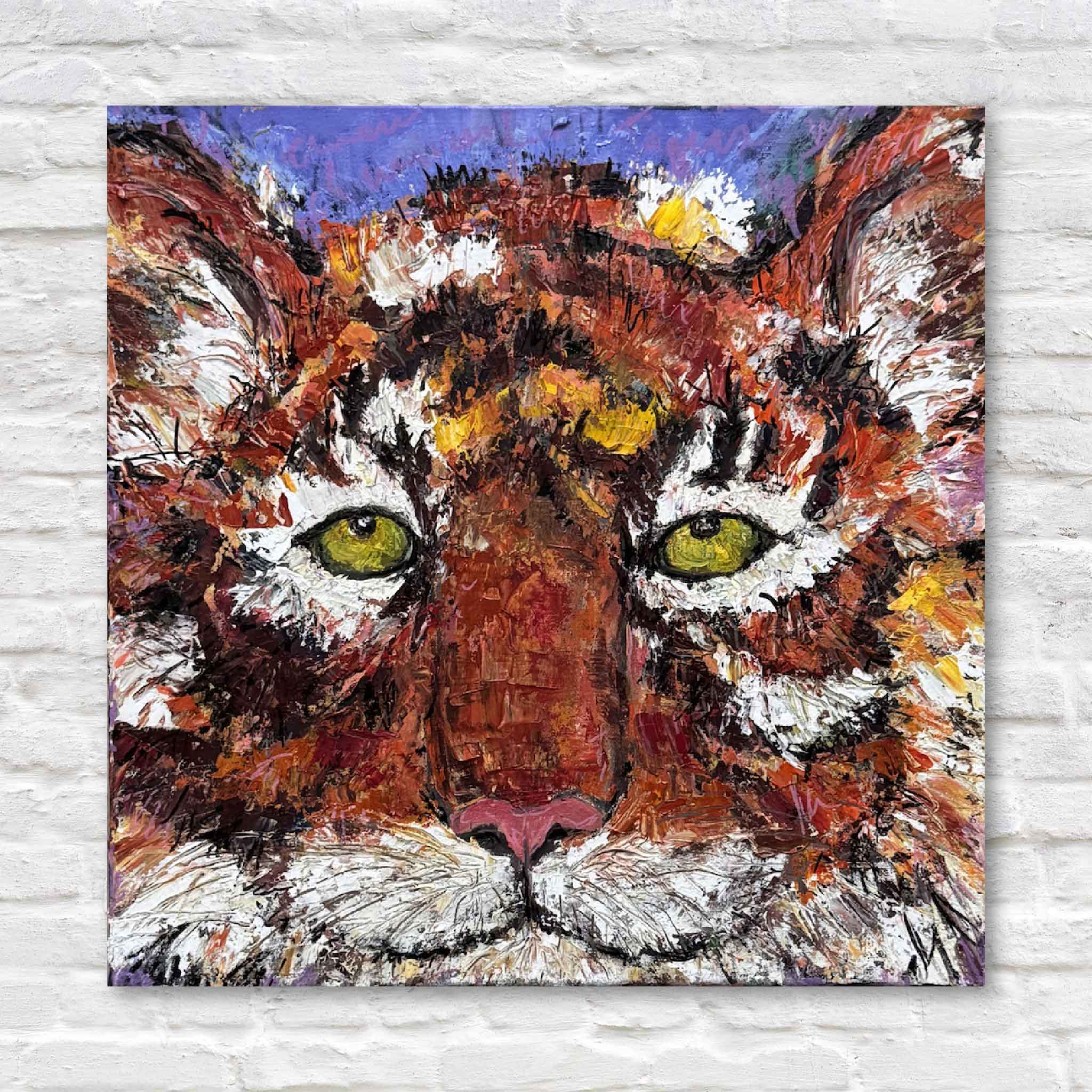 16x16 gallery-wrapped original oil painting Eye of the Tiger by Jeanne O’Neal featuring a bold, close-up portrait of a tiger painted in textured orange, white, and violet tones.