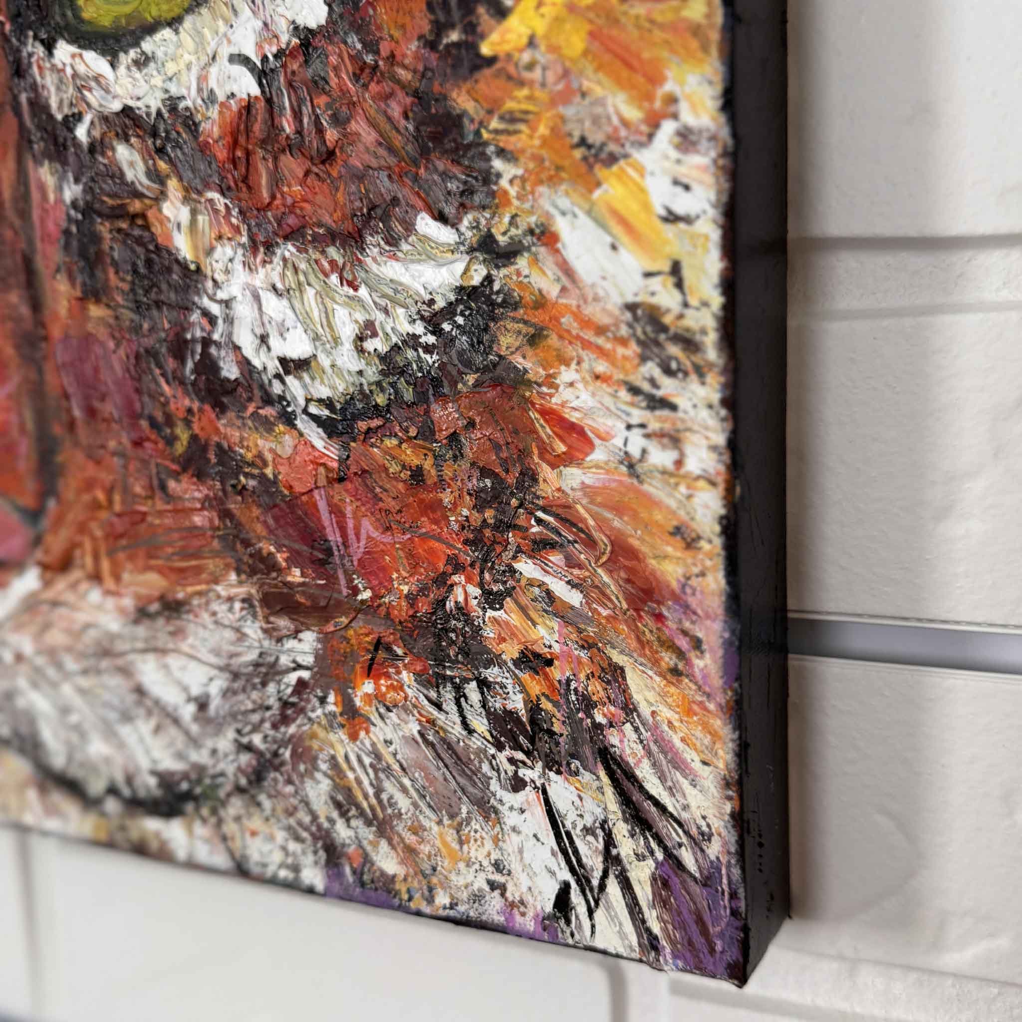 16x16 gallery-wrapped original oil painting Eye of the Tiger by Jeanne O’Neal featuring a bold, close-up portrait of a tiger painted in textured orange, white, and violet tones.