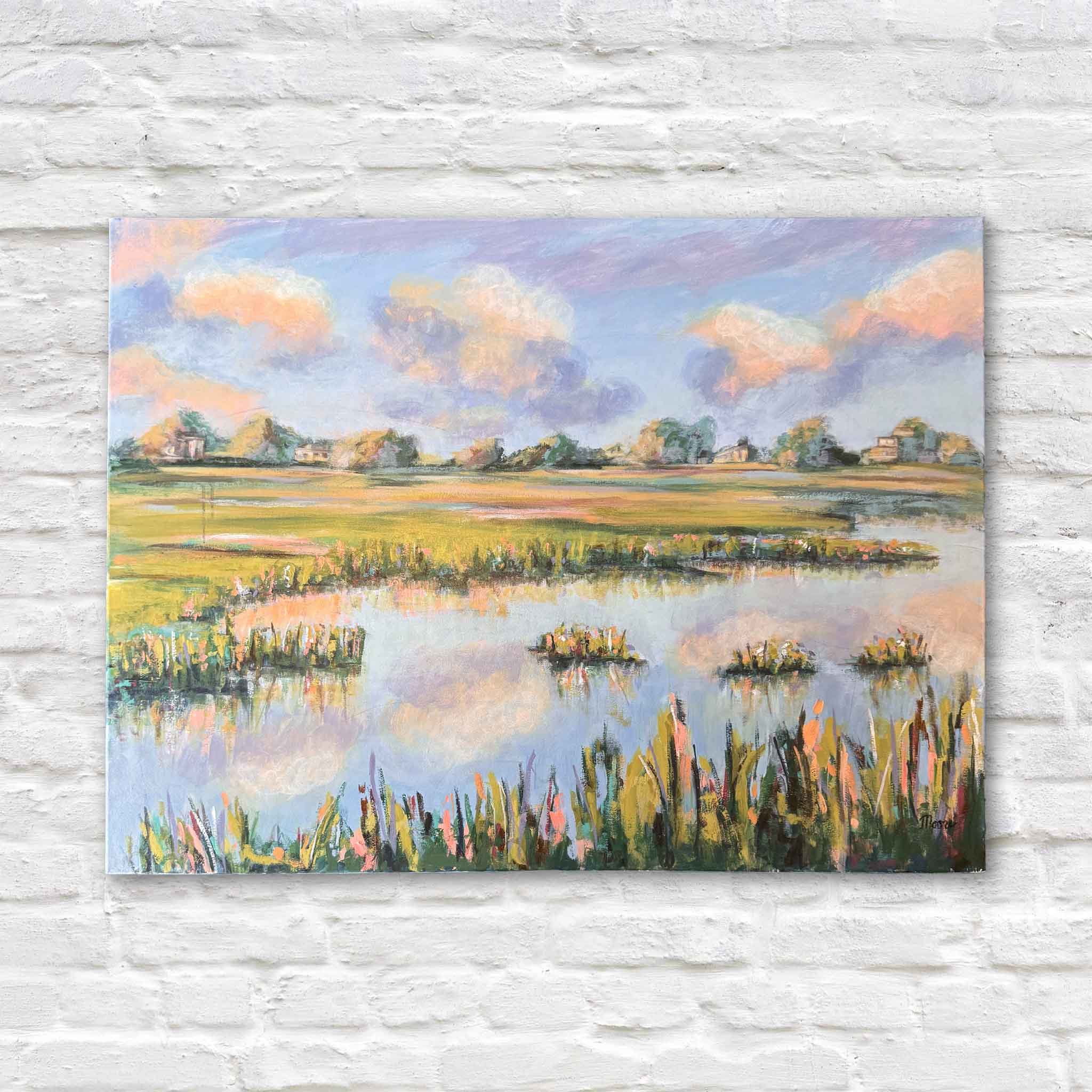 Golden Hour Reflections by Susan Moore, a 48x36 original acrylic marsh painting with pastel clouds and glowing sunset reflections on the water.