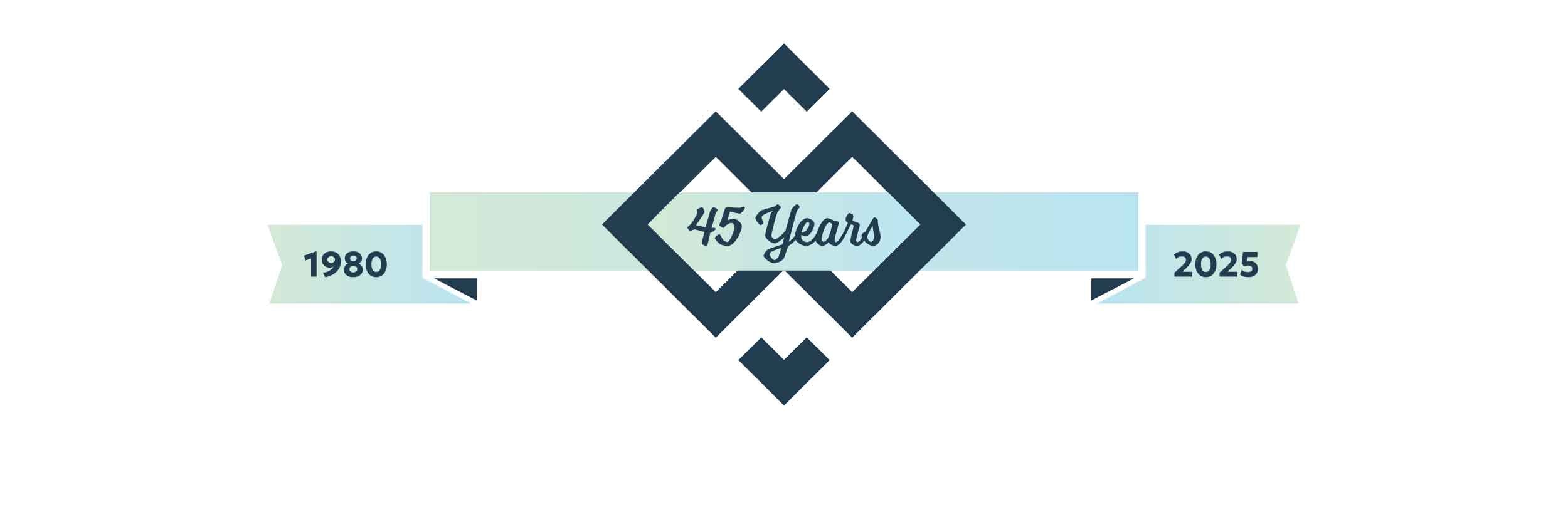 Gray Man Gallery 45th anniversary banner logo with gradient ribbon reading ‘Celebrating 45 Years,’ flanked by 1980 and 2025