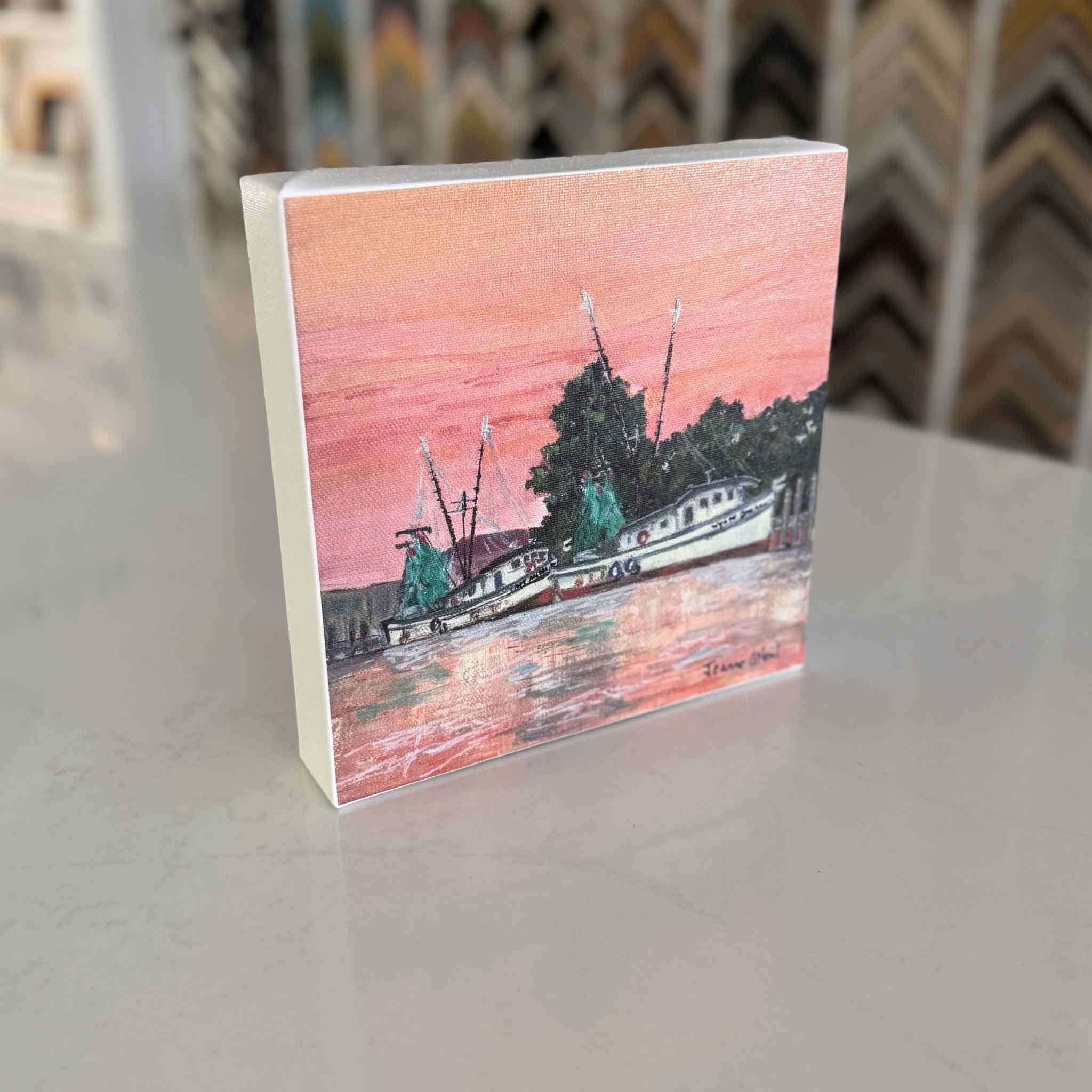 Harbor Glow giclée print by Jeanne O’Neal, shrimp boats on coral-pink water at sunset, coastal South Carolina art, Gray Man Gallery