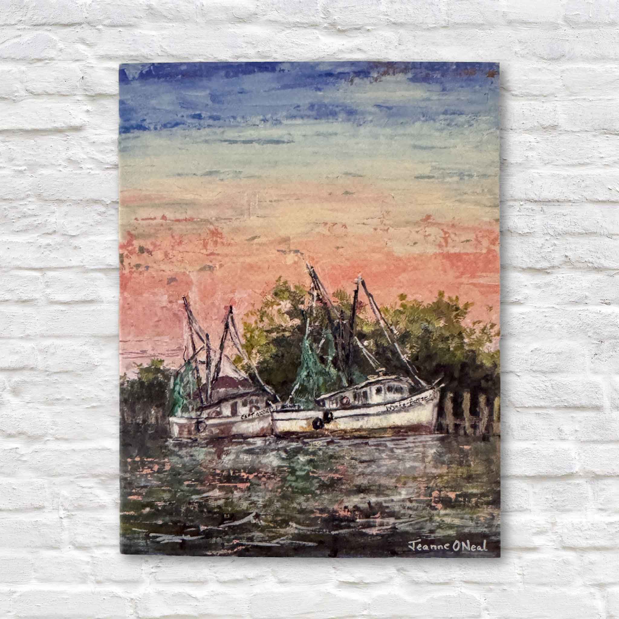 Morning Harbor notecard by Jeanne O’Neal, 5.5x4.25 coastal art card featuring shrimp boats at sunrise, pink and blue sky, Lowcountry stationery, Gray Man Gallery