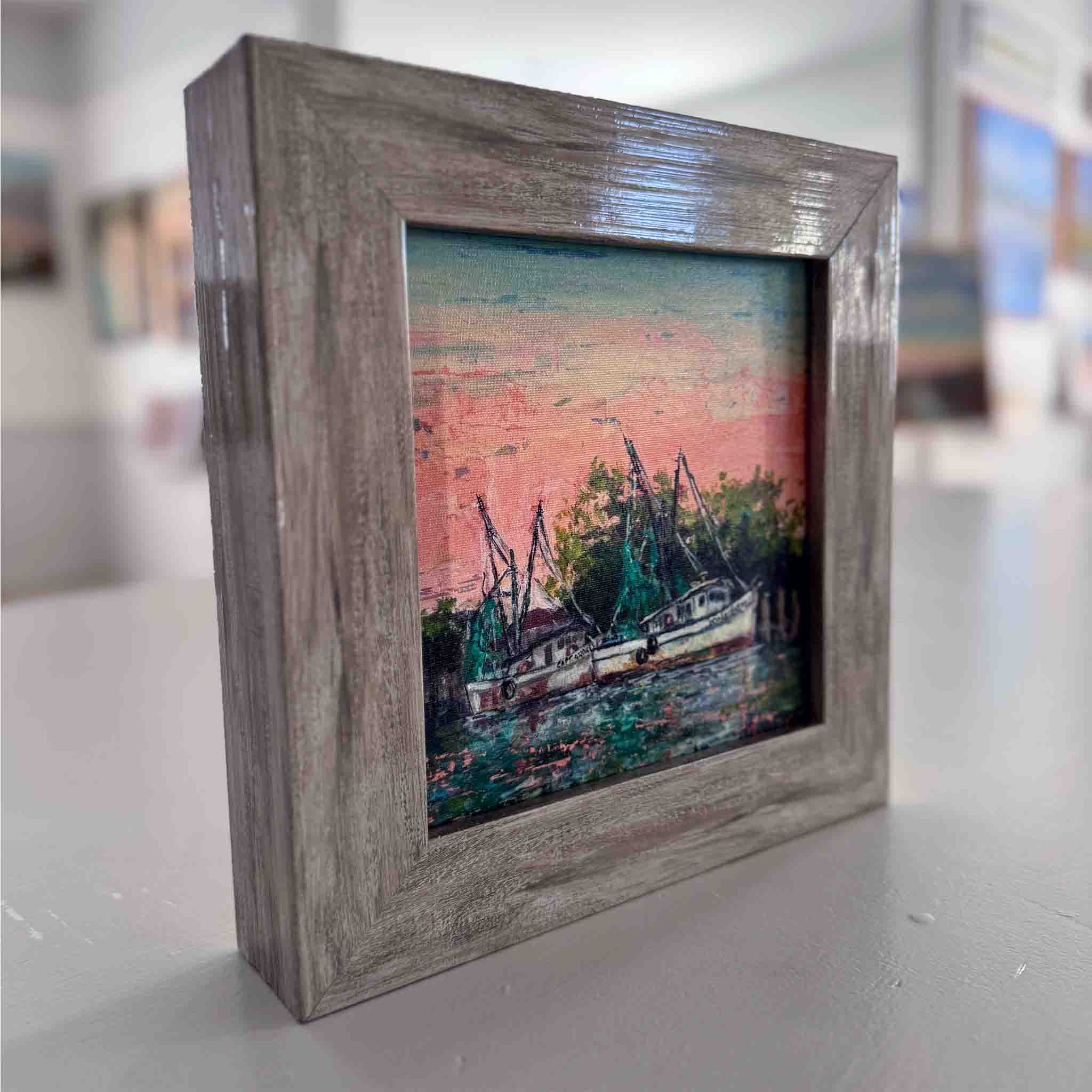 Morning Harbor gallery-wrapped canvas print by Jeanne O’Neal featuring shrimp boats on the Georgetown SC docks at sunrise, coastal Lowcountry art from the By the Dock collection.