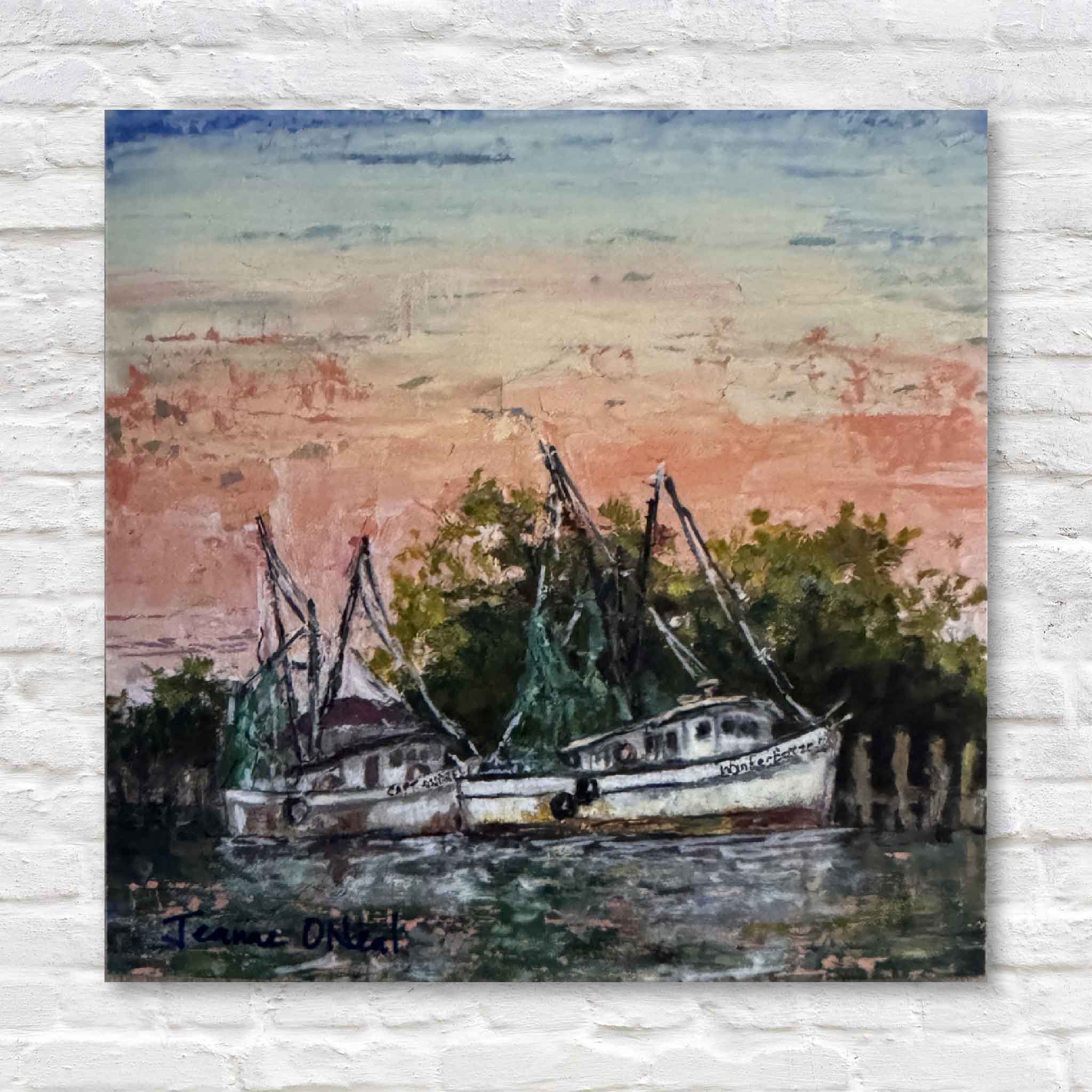 Artistic depiction of shrimp boats on water with a sunset sky.