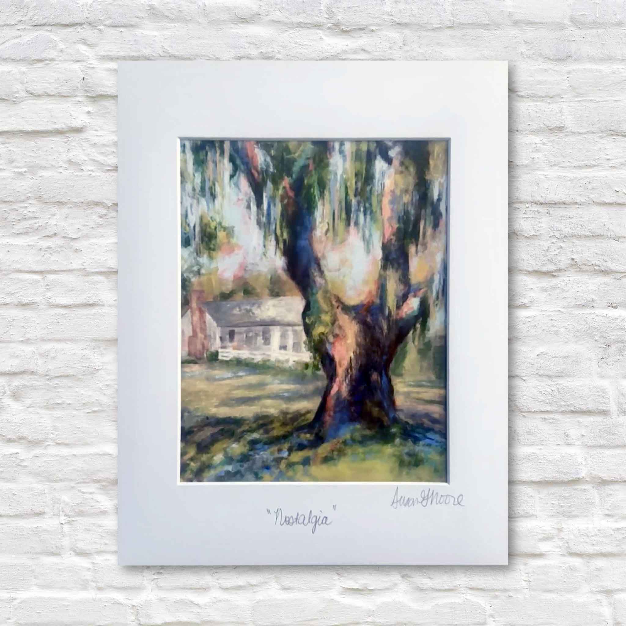 11x14 matted giclée print Nostalgia by Susan Moore, featuring a moss-draped live oak and Southern cottage bathed in warm, impressionistic light.