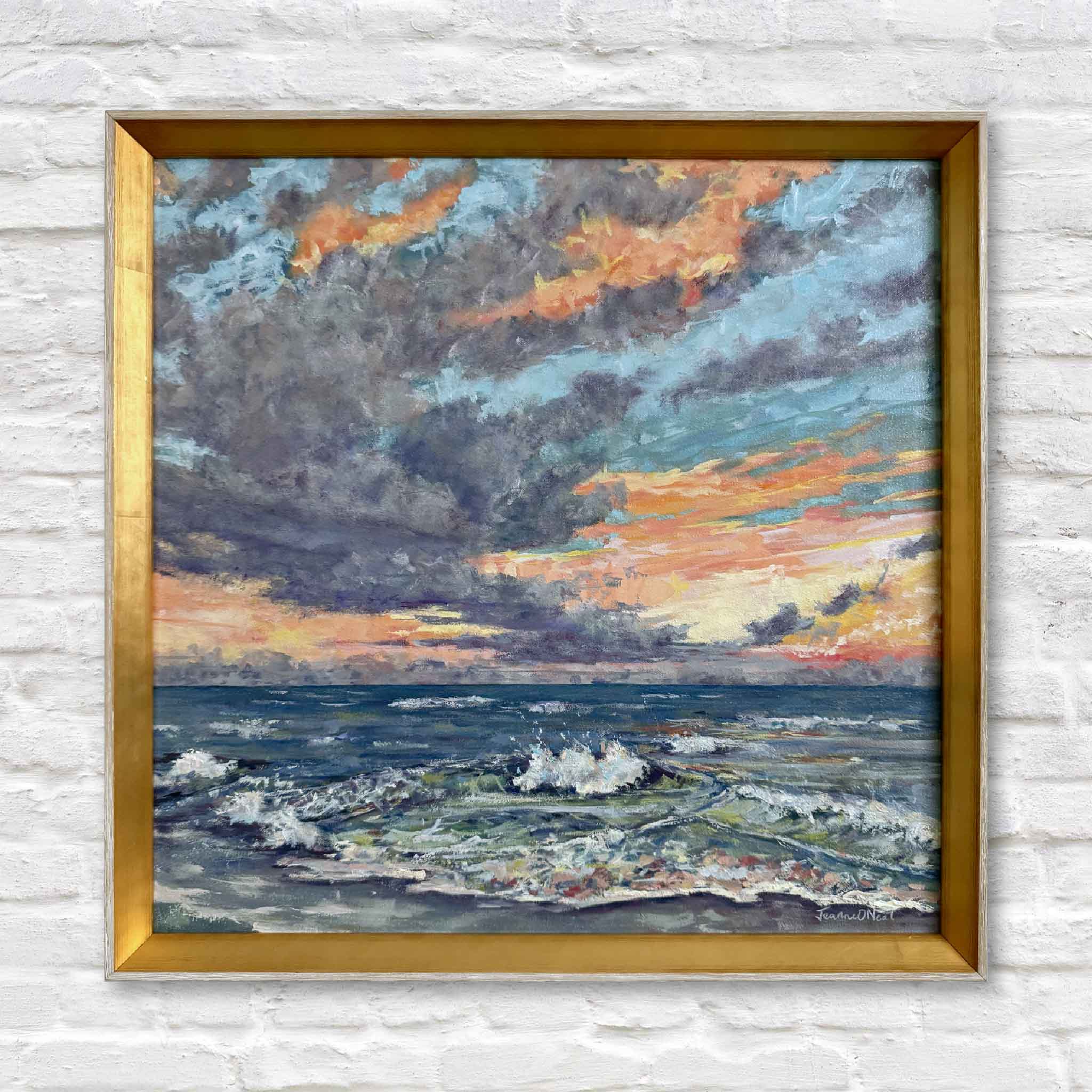 Mother Mother Ocean original oil painting by Jeanne O’Neal depicting waves and sunset over the South Carolina coast, winner of First Place at the 2025 Mount Pleasant ArtFest, framed in gold.