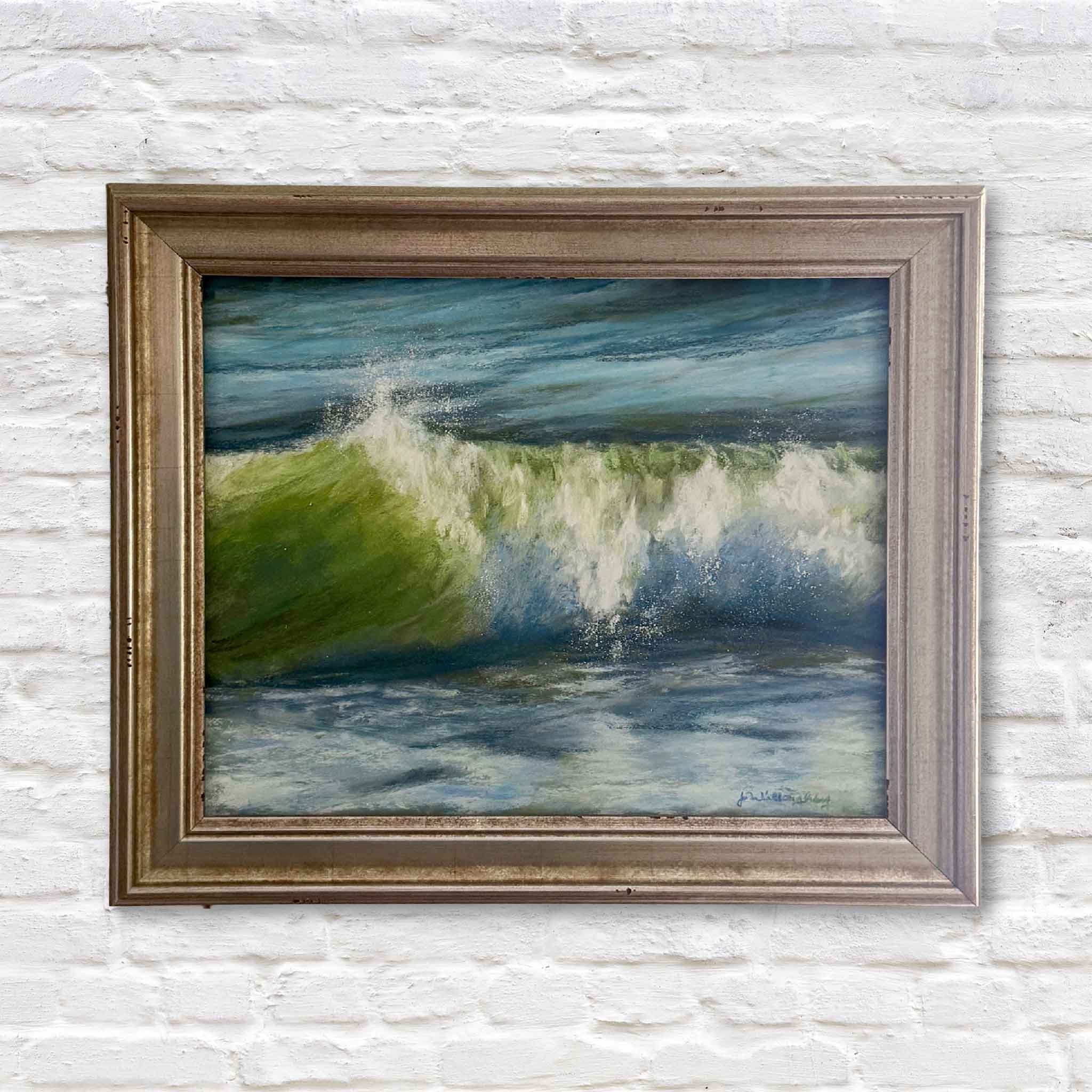 Original pastel wave painting by Joanne Willoughby. Emerald Pawleys Island surf, custom frame, and anti-reflective glass. Fine coastal art for collectors.
