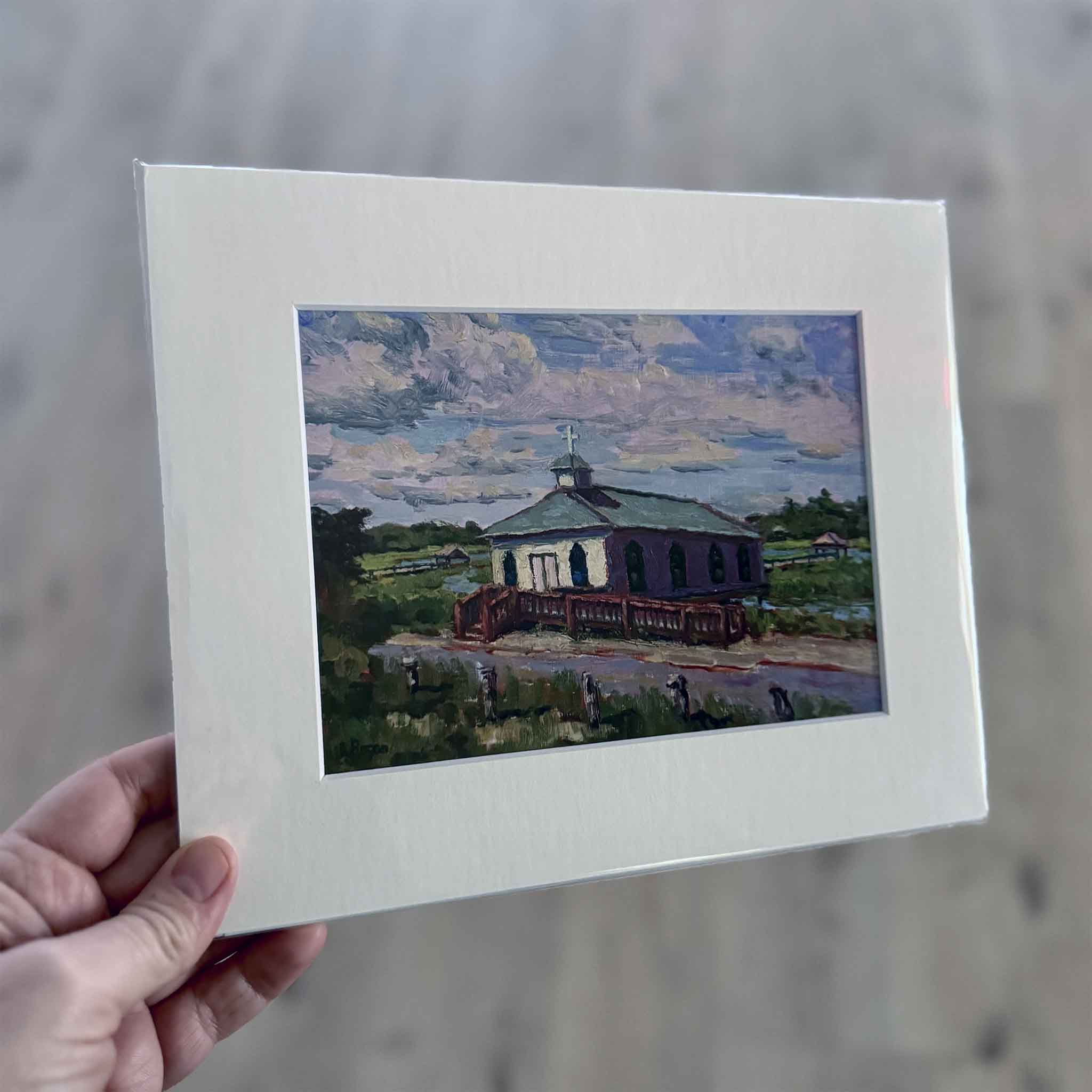 Chapel on the Creek giclée print by Michael Rogan featuring a small coastal church surrounded by South Carolina marshland under a soft cloudy sky, available exclusively at Gray Man Gallery.