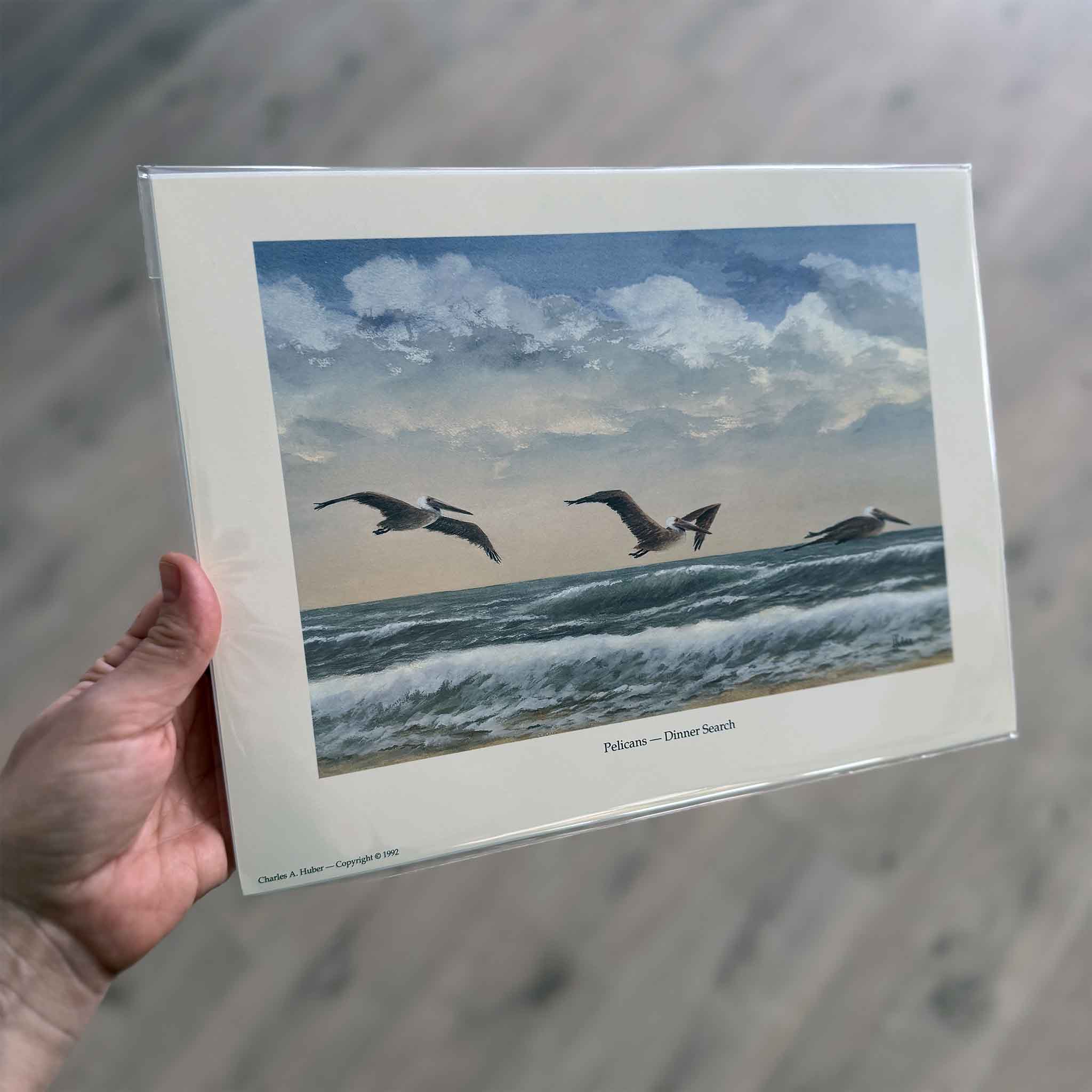 Coastal art print of three pelicans gliding above ocean waves under a cloudy sky, from the painting Pelicans — Dinner Search by artist Charles A. Huber.