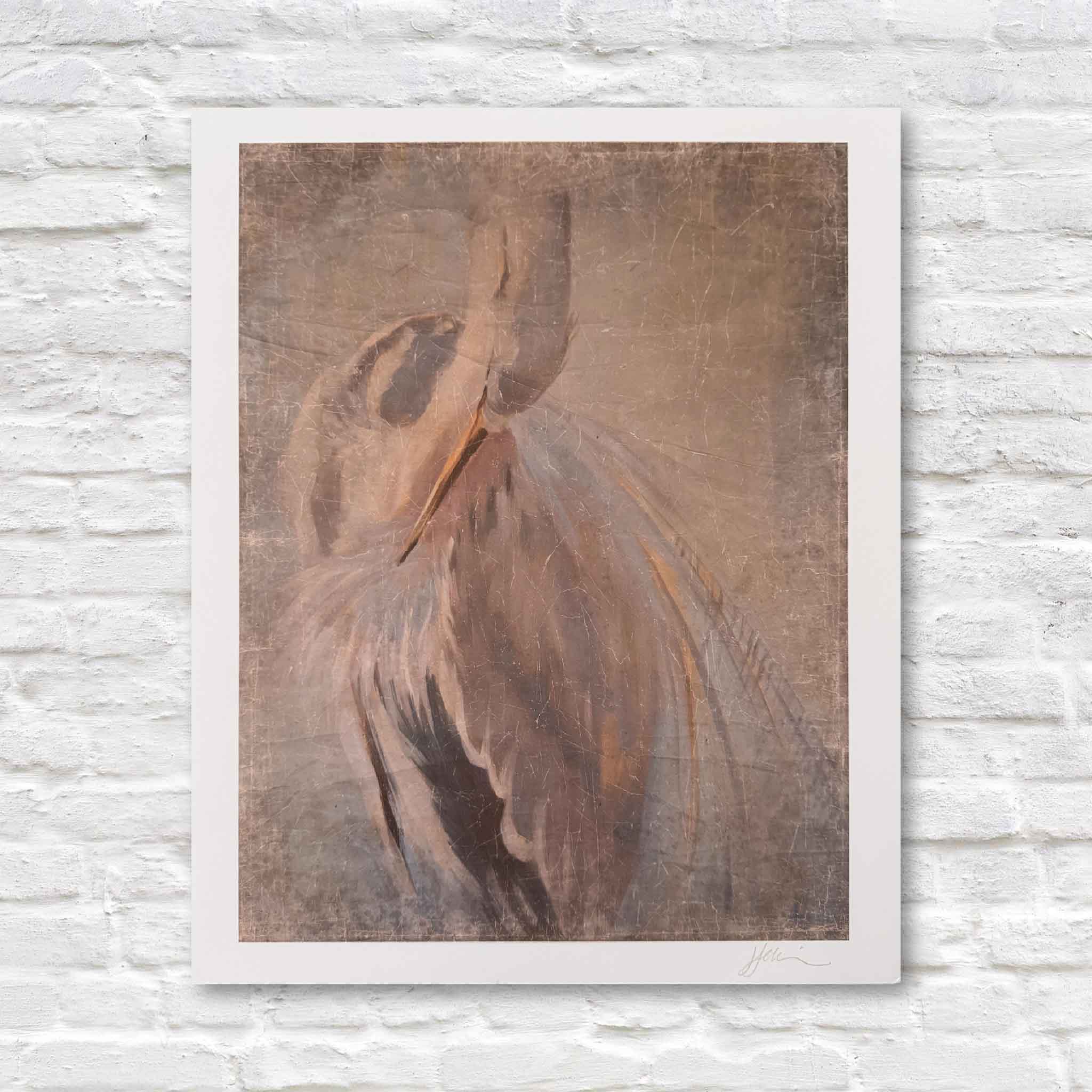 Abstract art print of a bird preening on a textured wall.