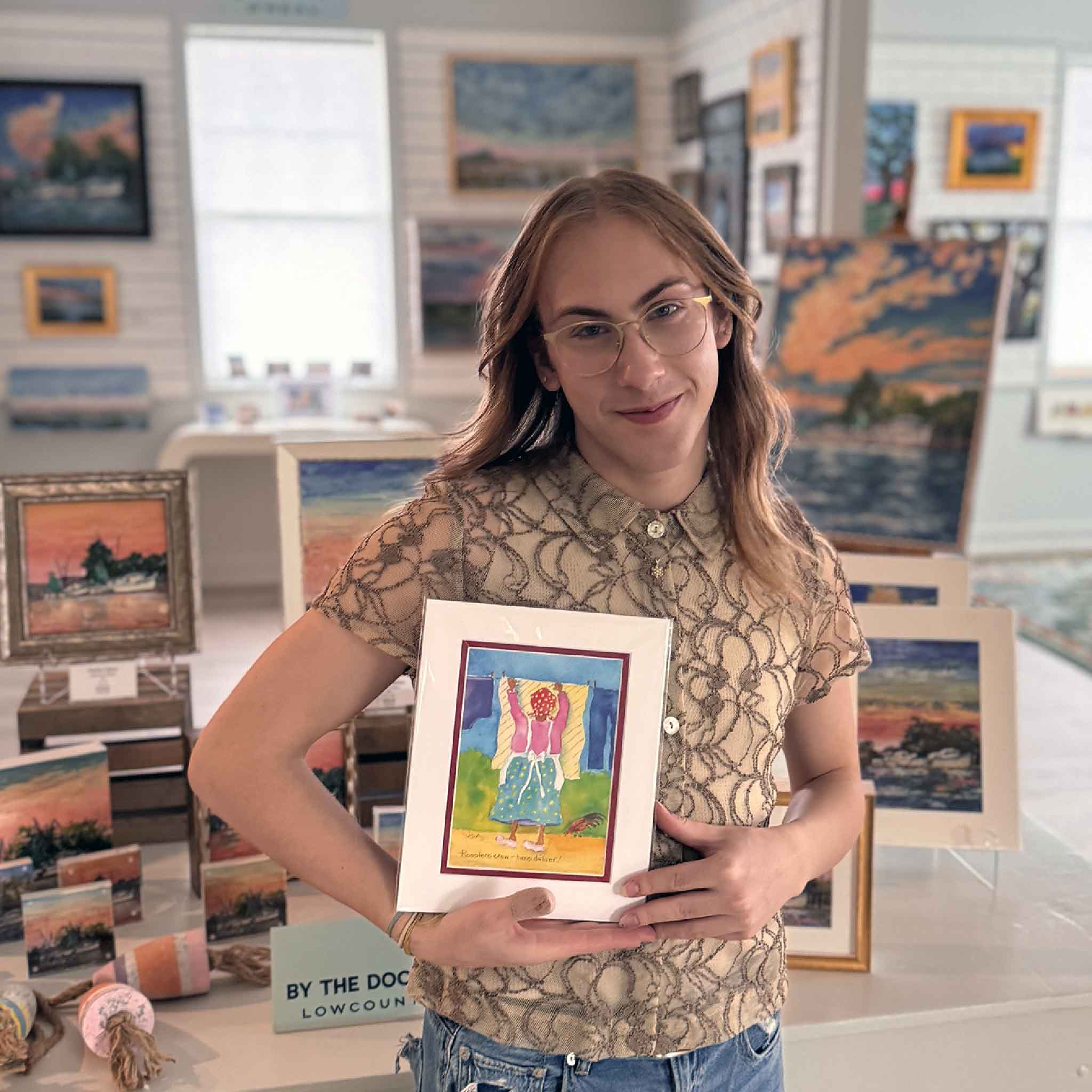 Vida Miller Little Ladies print titled “Roosters Crow, Hens Deliver,” colorful woman hanging laundry with rooster, matted to 8x10.