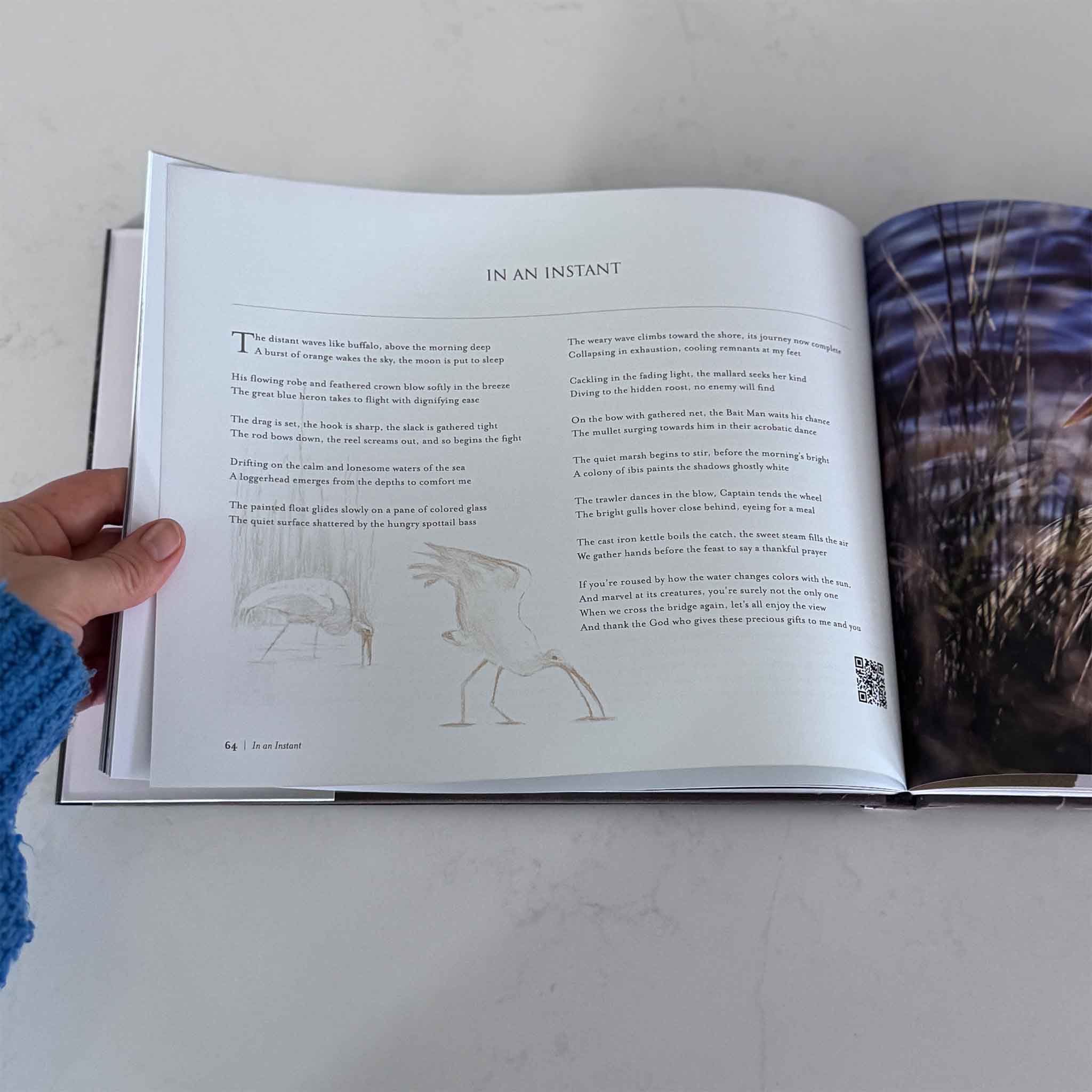 Inside pages of Tales of the Tide by John Milton Pruitt, featuring coastal photography by Marsh Deane and illustrations by Bruce Chandler capturing Southern marshes and maritime life.