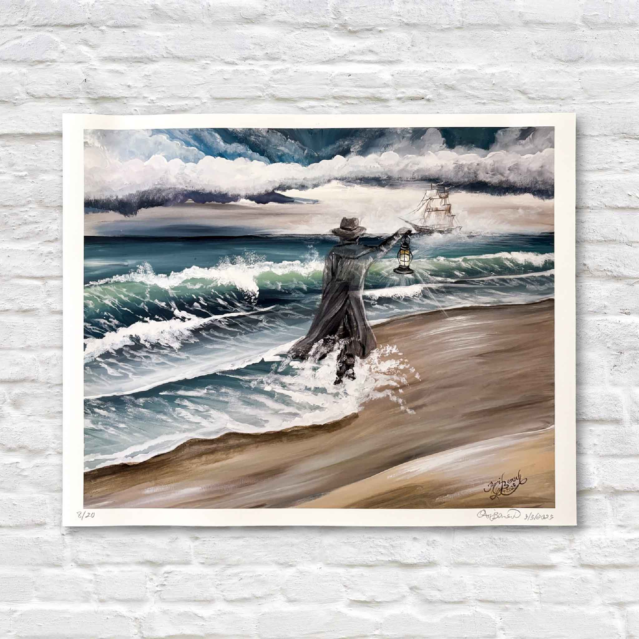 Signed and numbered fine art print of The Gray Man by April Bensch, depicting Pawleys Island’s ghostly guardian on the shoreline with lantern in hand as storm clouds gather.