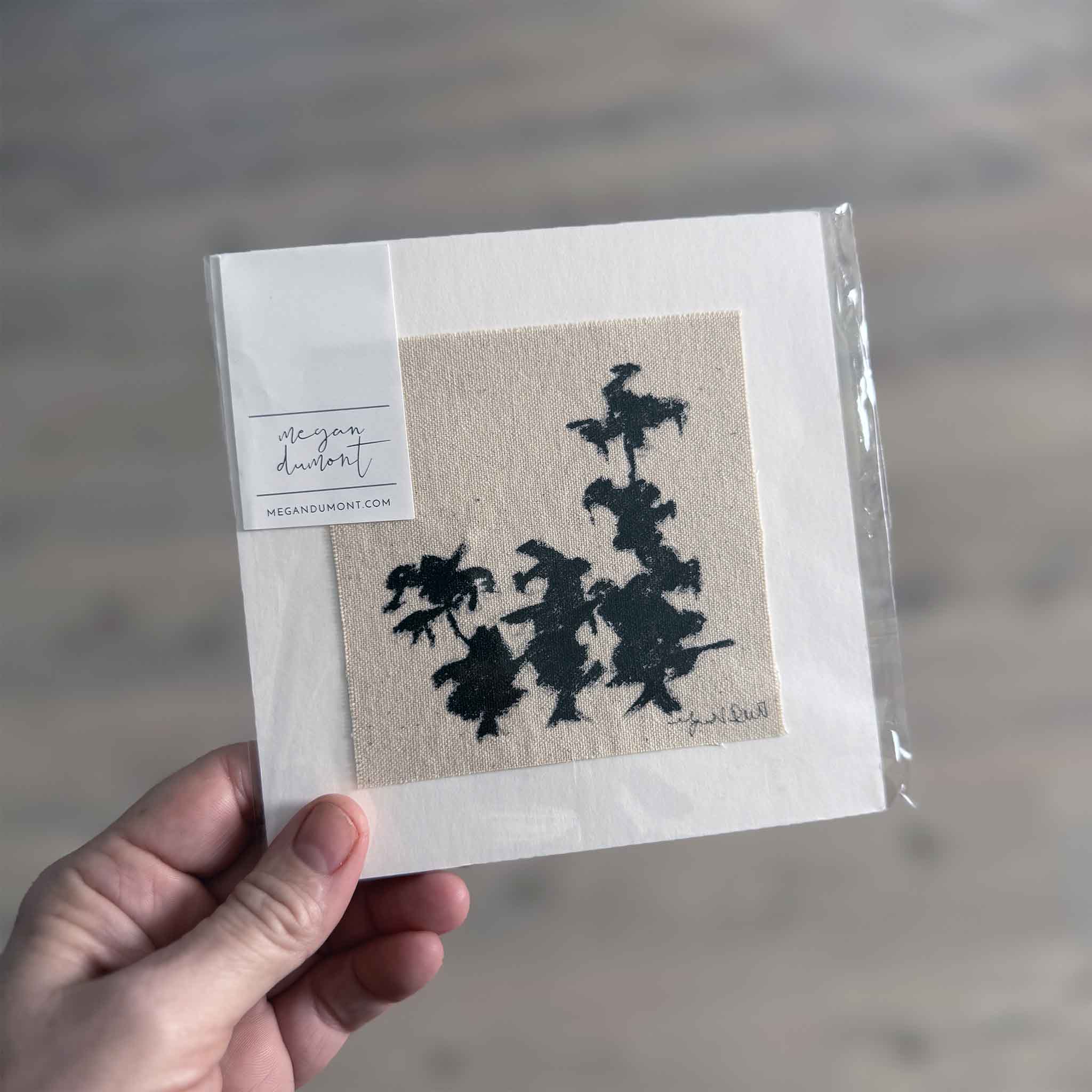 Original abstract tree silhouette painting on natural canvas by Megan Dumont, matted and ready for framing.