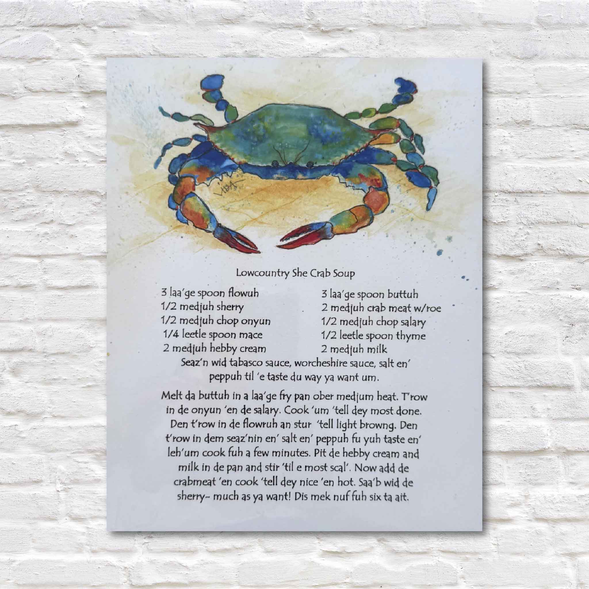 Illustrated Lowcountry she-crab soup recipe print by Vida Miller with watercolor blue crab, unframed 8x10 artwork ready for standard frames