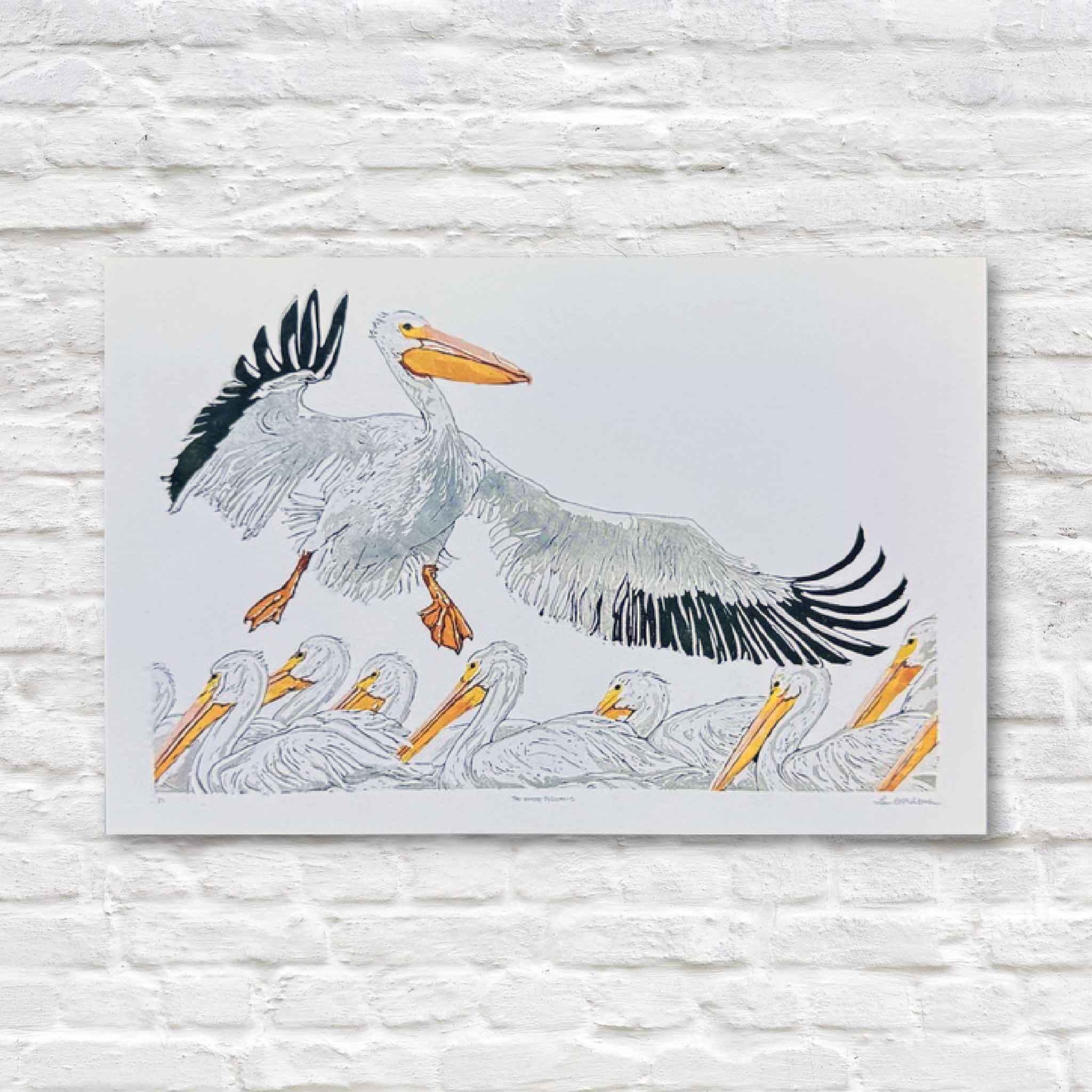 Set of five Laurie McIntosh postcards featuring Jelly Dance, Git Dat Net, Nelli Pelli, A Dozen Happy Hounds, and White Pelicans from her original linocut reduction series, printed on matte cardstock.