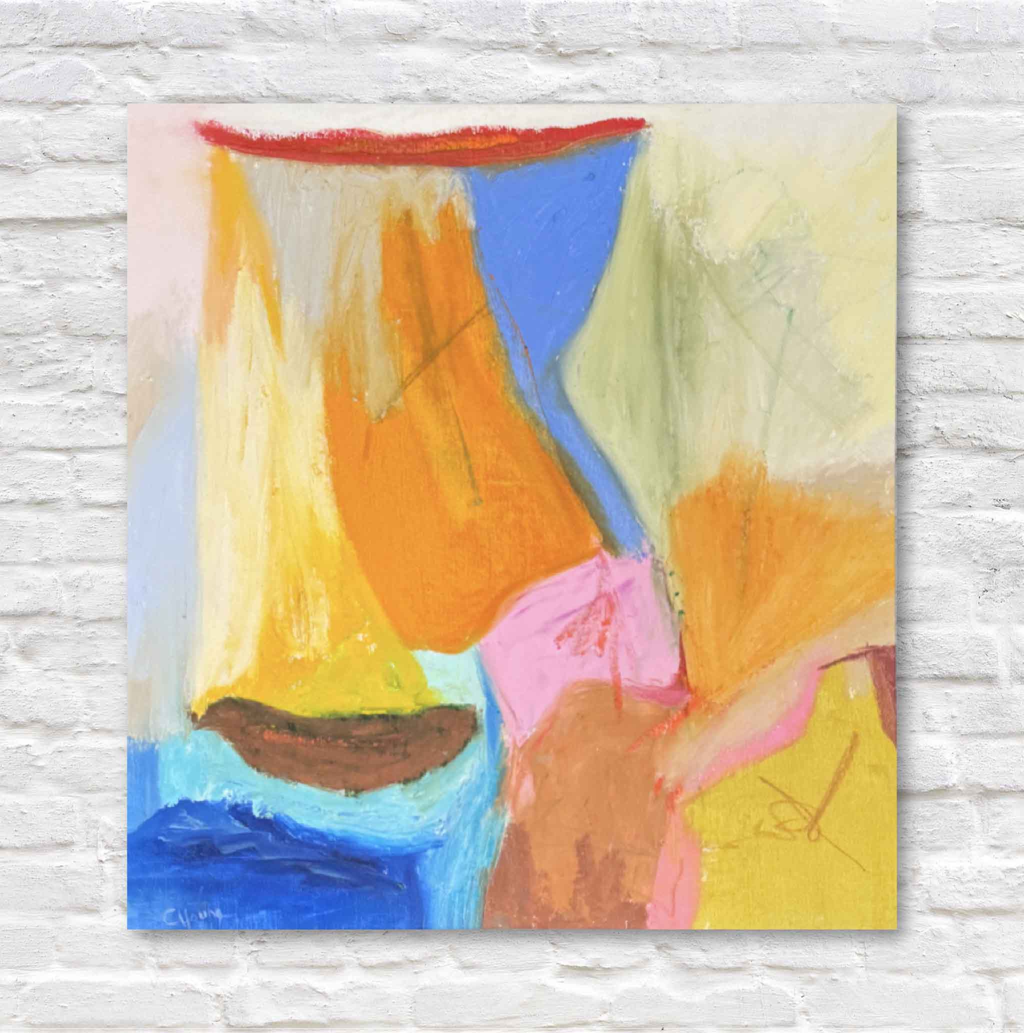 Original abstract mixed media painting titled Abstract No. 8 by Caroline Young, featuring bold blocks of cobalt blue, coral, ochre, pink, and yellow with expressive brushwork, photographed on a white brick wall at Gray Man Gallery.