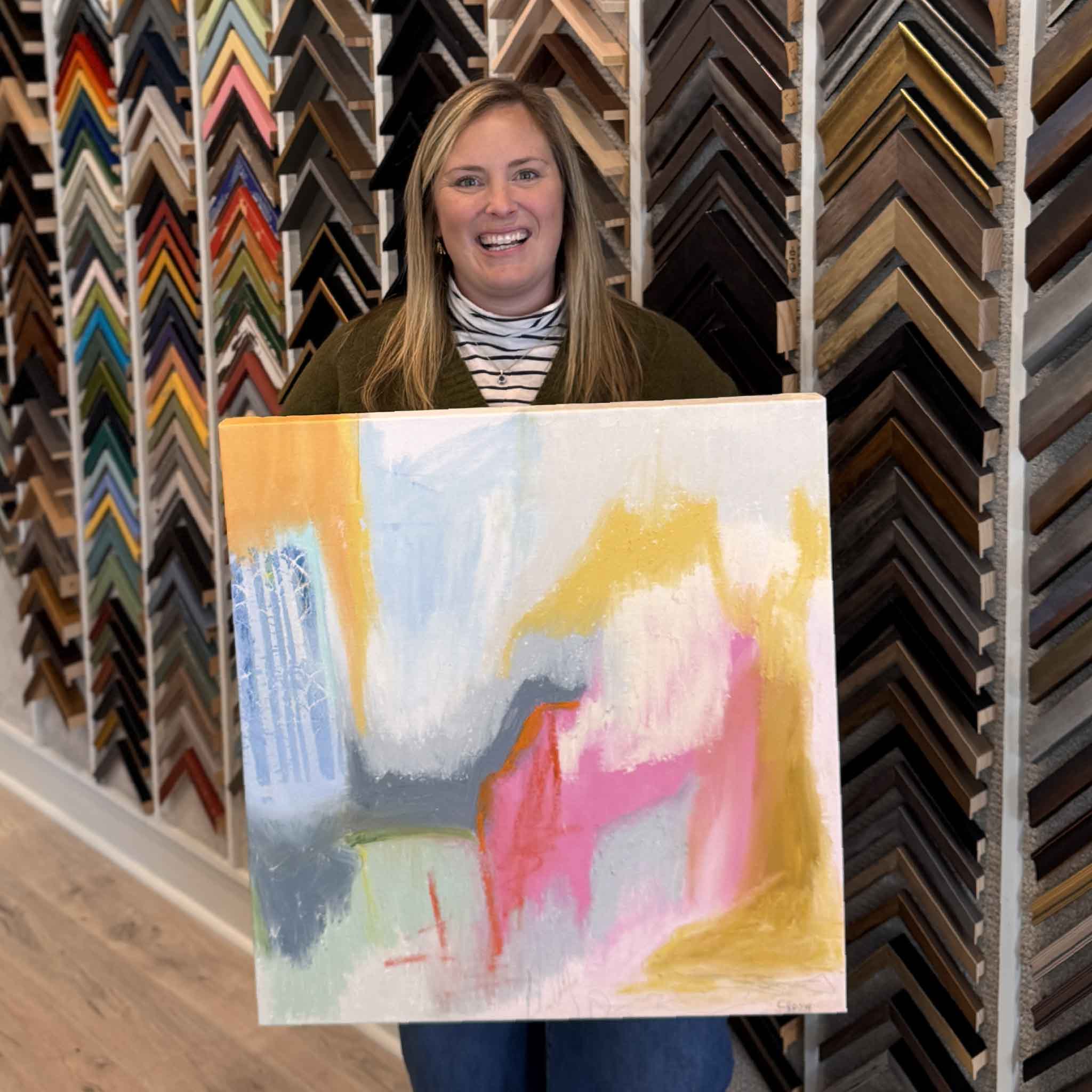 Abstract No. 9 by local artist Caroline Young, original abstract painting shown inside Gray Man Gallery in Pawleys Island, SC, photographed for scale
