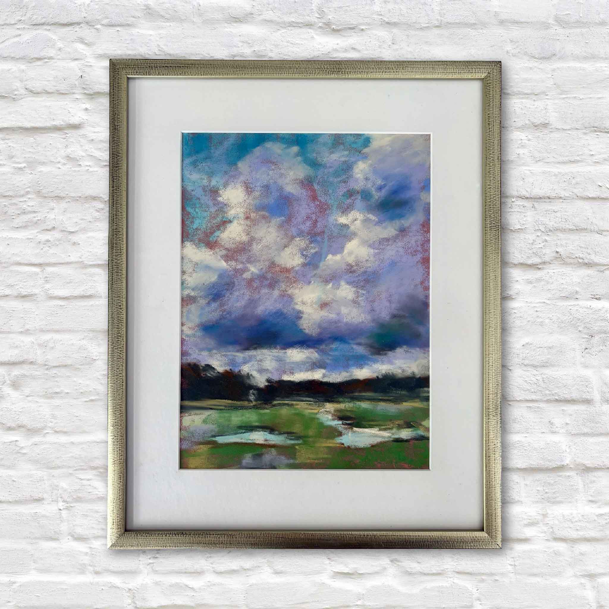 After the Rain by Joanne Willoughby, an original pastel landscape professionally matted and framed with Water White glass at Gray Man Gallery. This serene Lowcountry marsh scene features dramatic clouds, reflective tidal waters, and luminous pastel colors inspired by the South Carolina coast.