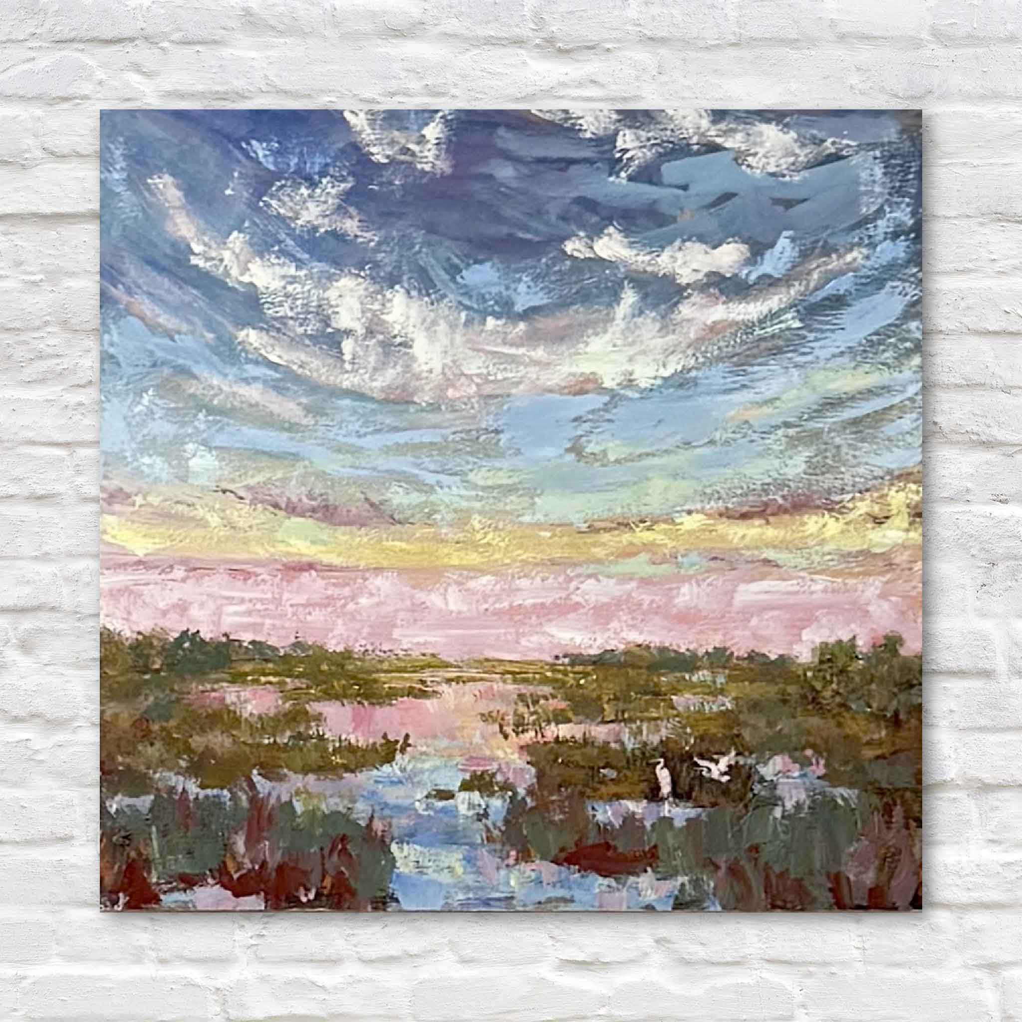 Hand-embellished fine art giclée titled “Afterglow Marsh” by local Lowcountry artist Jeanne O’Neal, featuring original gouache painting over print, 8x8 coastal marsh sunset scene, available at Gray Man Gallery in Pawleys Island