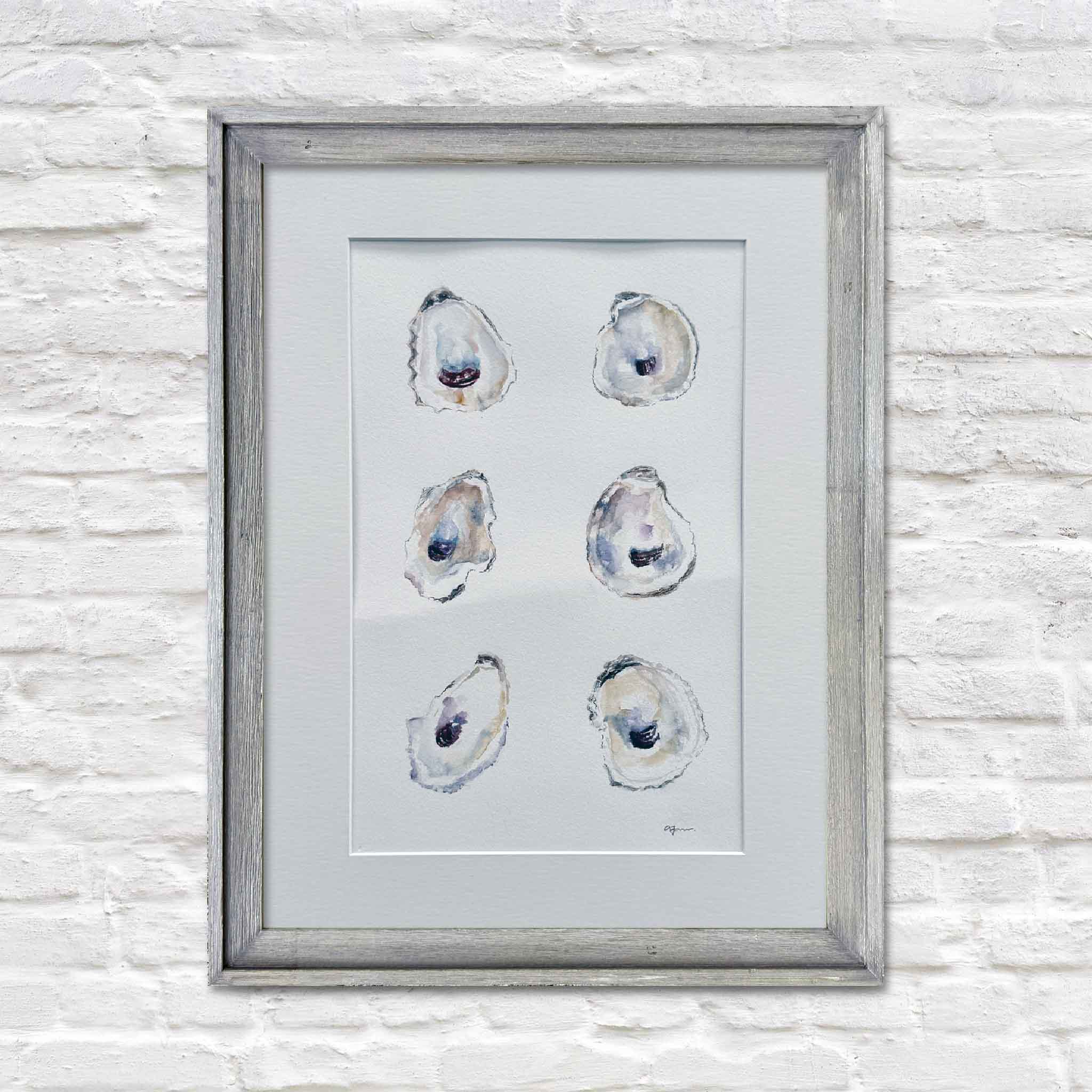 Coastal oyster watercolor by Allison Farr shown in a weathered gray frame style as a suggested framing option.