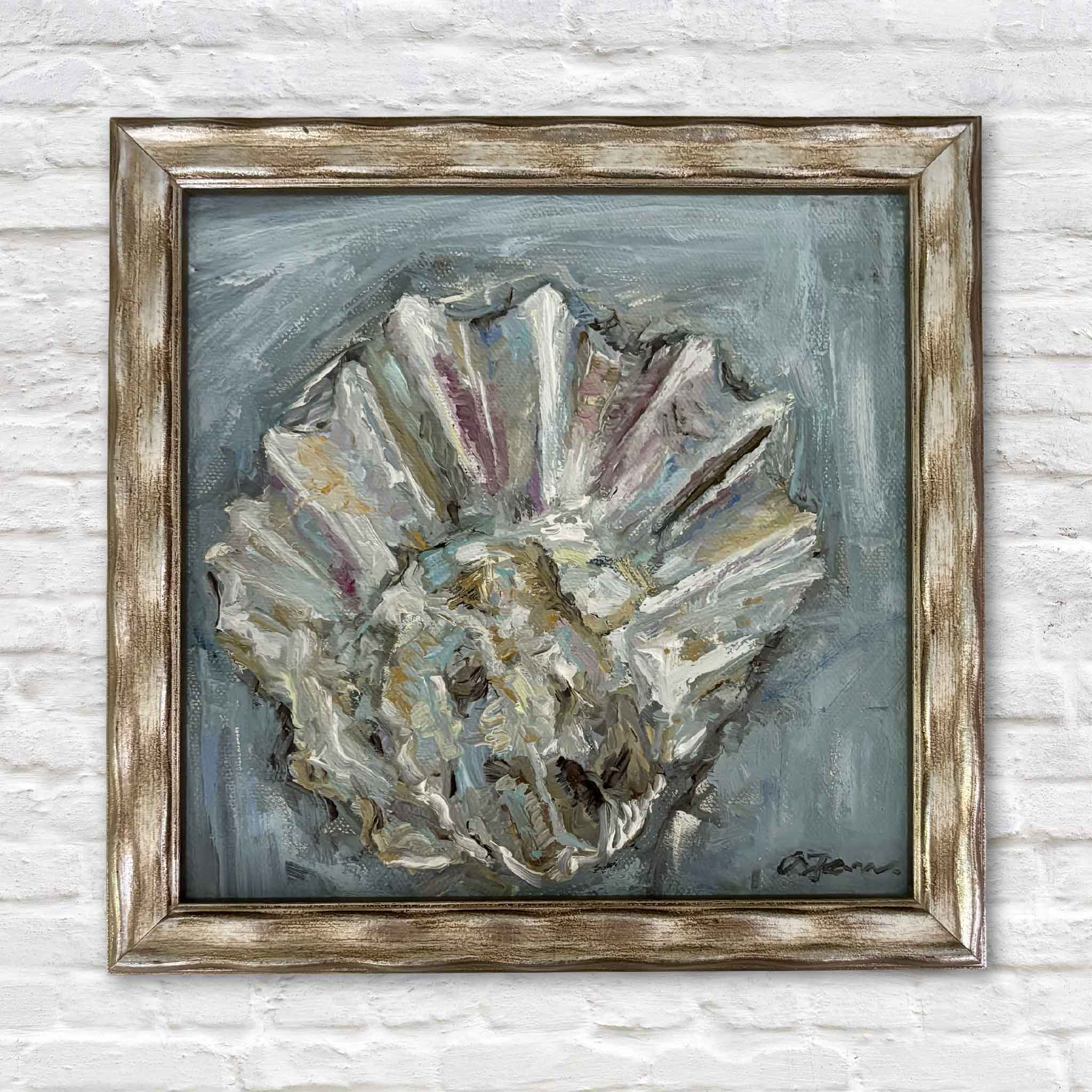 Reverie, an original oil painting by local South Carolina artist Allison Farr, featuring a luminous oyster shell rendered in soft blue, silver, lavender, and pearl tones. Professionally framed and photographed at Gray Man Gallery in Pawleys Island, South Carolina.